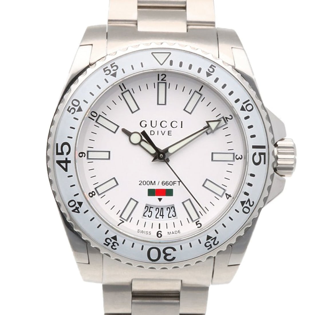 Gucci Dive Watch, Stainless Steel, Quartz, 136.3mm, Polished, Men's, GUCCI 200M: --- Catalog ---Category: SizeWrist Size: 18.5cm / 7.28''Case Diameter: 40mm / 1.57''Category: DesignType: WristwatchGender: MenColor (Dial): WhiteMaterial (Band): Stainless steelMaterial (Case): Stain