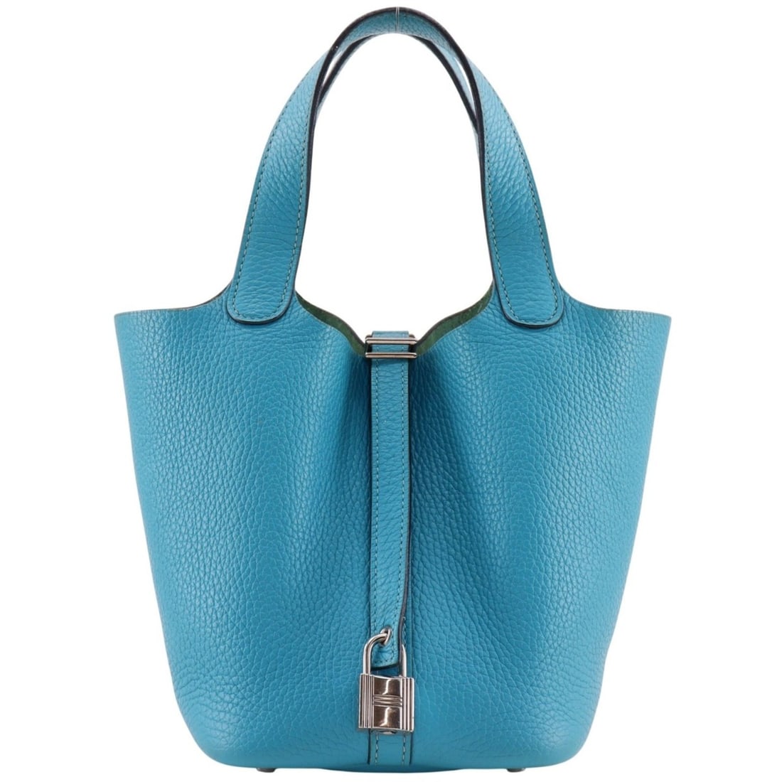 Hermes Picotin Lock 18 PM Handbag, Taurillon Clemence Leather, 2014 Model, Blue-Green/Silver: --- Catalog ---Category: SizeSize (HxWxD): 17cm x 18cm x 14cm / 6.69'' x 7.08'' x 5.51''Category: DesignType: HandbagColor: Blue, GreenGender: WomenMaterial: Taurillon clemence leather Category: Gener