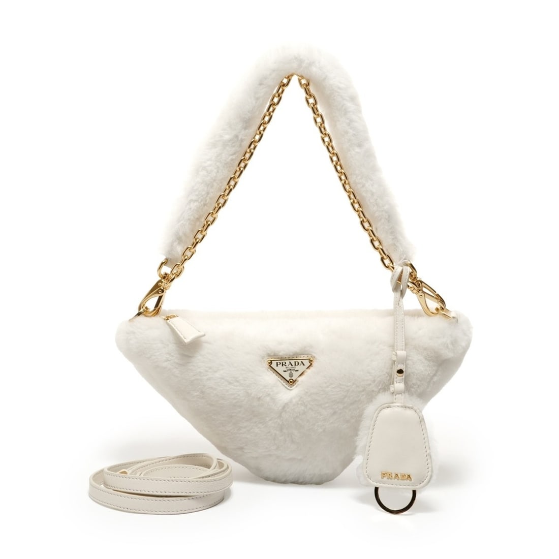 Prada PRADA Triangle Logo Wool Shearling 3-Way Shoulder Bag White: --- Catalog ---Category: SizeHandle Drop: 21.00cm / 8.27''Size (HxWxD): 15cm x 28cm x 6cm / 5.9'' x 11.02'' x 2.36''Strap Length: 97cm - 48cm / 38.18'' - 18.89''Category: DesignType: Shoulder bagColor