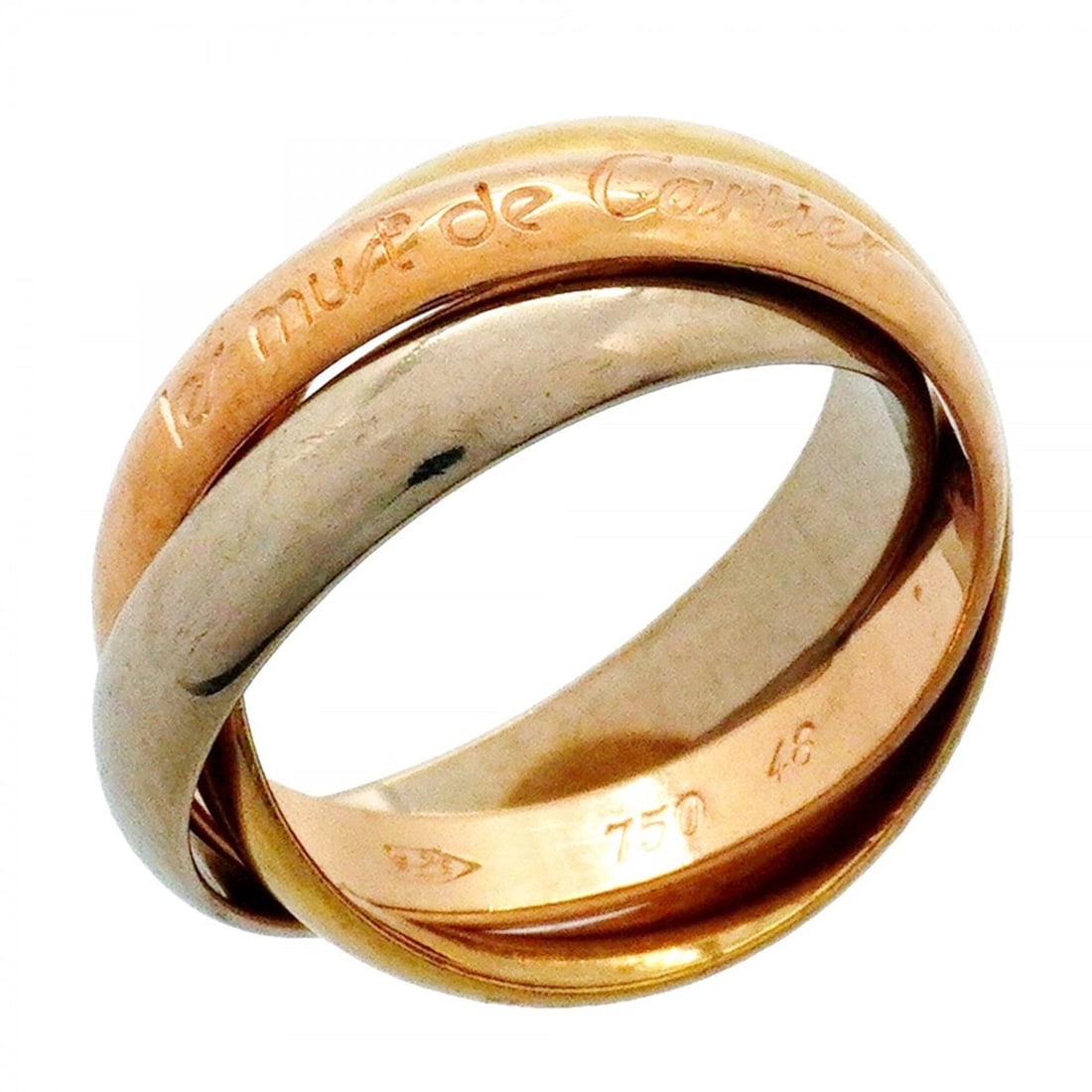 Cartier Trinity Classic Ring, available in 18K Yellow Gold, White and Pink size #48 (Women's).: --- Catalog ---Category: SizeUS Size: 4.5Brand Size: 48Category: DesignType: Band ringGender: WomenMaterial: Pink gold (18K), White gold (18K), Yellow gold (18K)Category: GeneralBrand: Cartier--- Item