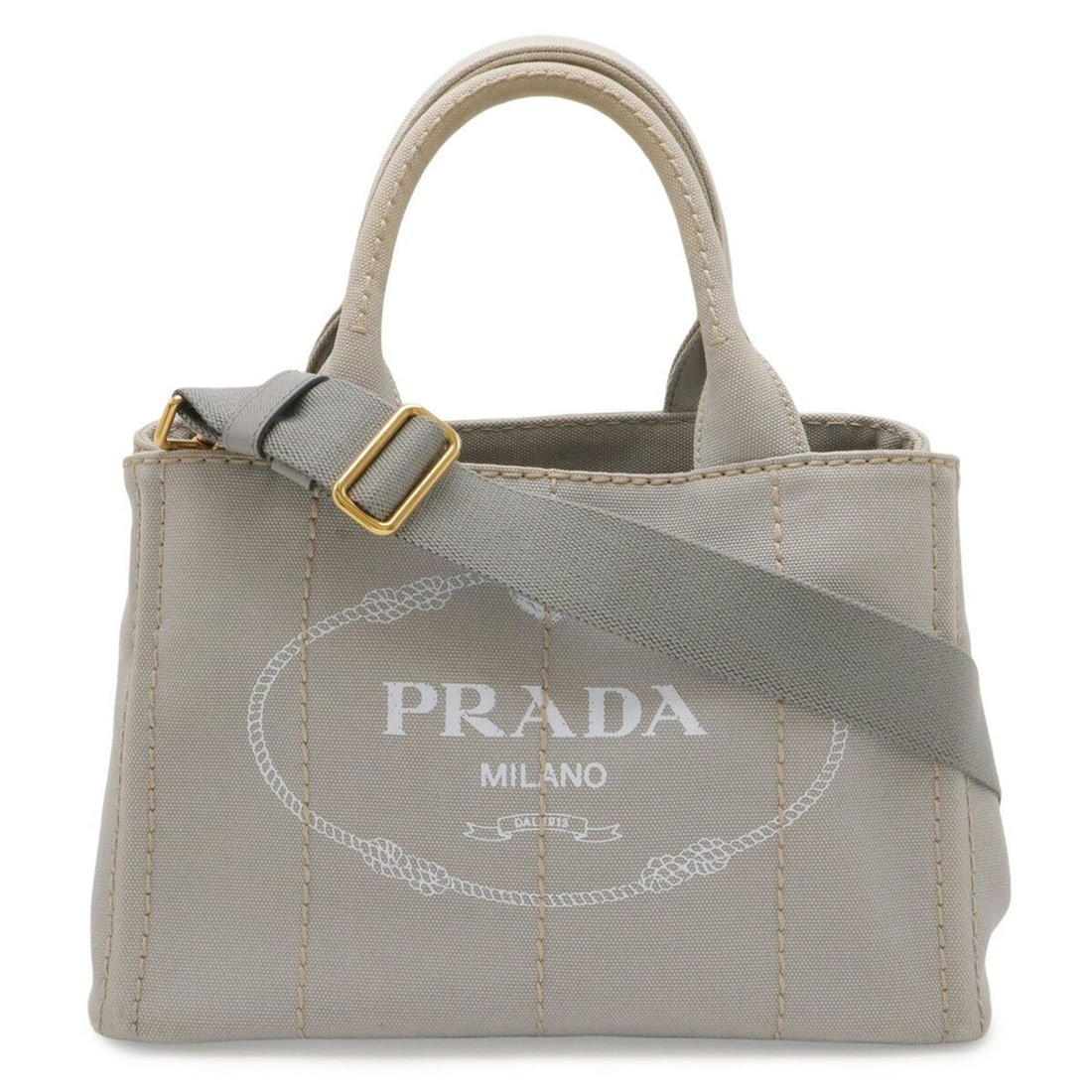 PRADA Canapa Tote Bag, Handbag, Shoulder Striped Canvas, Light Gray, 1BG439: --- Catalog ---Category: SizeSize (HxWxD): 19cm x 28cm x 15cm / 7.48'' x 11.02'' x 5.9''Category: DesignType: Handbag, Shoulder bag, Tote bagColor: Light grayGender: WomenMaterial: Canvas Category: Ge