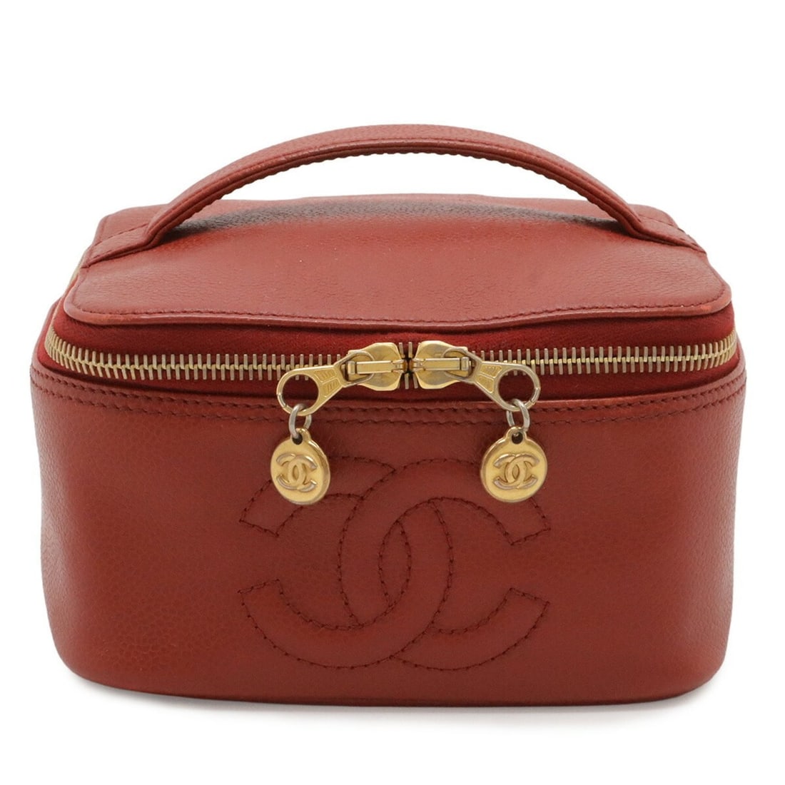 CHANEL Coco Mark Vanity Bag, Handbag, Pouch, Caviar Leather, Red, A01997: --- Catalog ---Category: SizeSize (HxWxD): 9cm x 16cm x 15.5cm / 3.54'' x 6.29'' x 6.1''Category: DesignType: Handbag, Pouch, Vanity bagColor: Red colorGender: WomenMaterial: Grained Calfskin Hardware