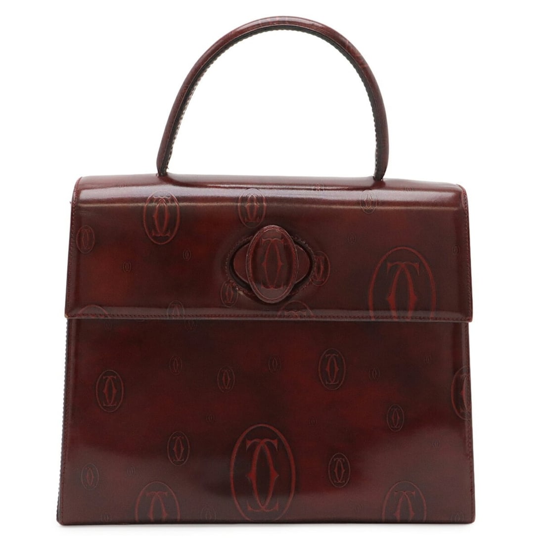 Cartier Happy Birthday Handbag, Flap Bag, Enamel Calfskin, Patent Leather, Bordeaux: --- Catalog ---Category: SizeSize (HxWxD): 22cm x 28cm x 9cm / 8.66'' x 11.02'' x 3.54''Category: DesignType: HandbagColor: BordeauxGender: WomenMaterial: Leather Leather/Fur Type: Calfskin, Enamel Le