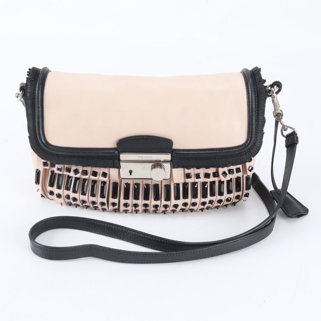 Excellent condition Prada bejeweled embroidered leather shoulder bag, handbag, or tote bag for: --- Catalog ---Category: SizeSize (HxWxD): 15cm x 24cm x 6cm / 5.9'' x 9.44'' x 2.36''Category: DesignType: Shoulder bagColor: Baby pink, BlackGender: WomenMaterial: Leather Category: GeneralBrand: Pr