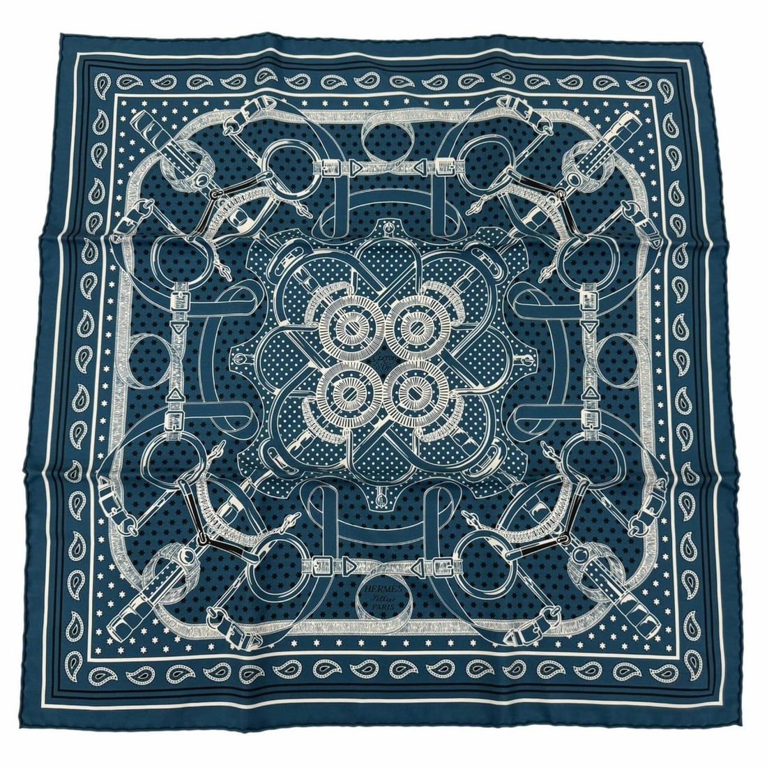 HERMES Carre 55 Apron Doll Bandana, 100% Silk Scarf/Muffler, Blue, Made in France, Women's, with: --- Catalog ---Category: SizeSize (LxW): 55cm x 54cm / 21.65'' x 21.25''Category: DesignType: BandanaColor: BlueGender: WomenMaterial: Silk Category: GeneralBrand: HermesCountry of Origin: France--- I