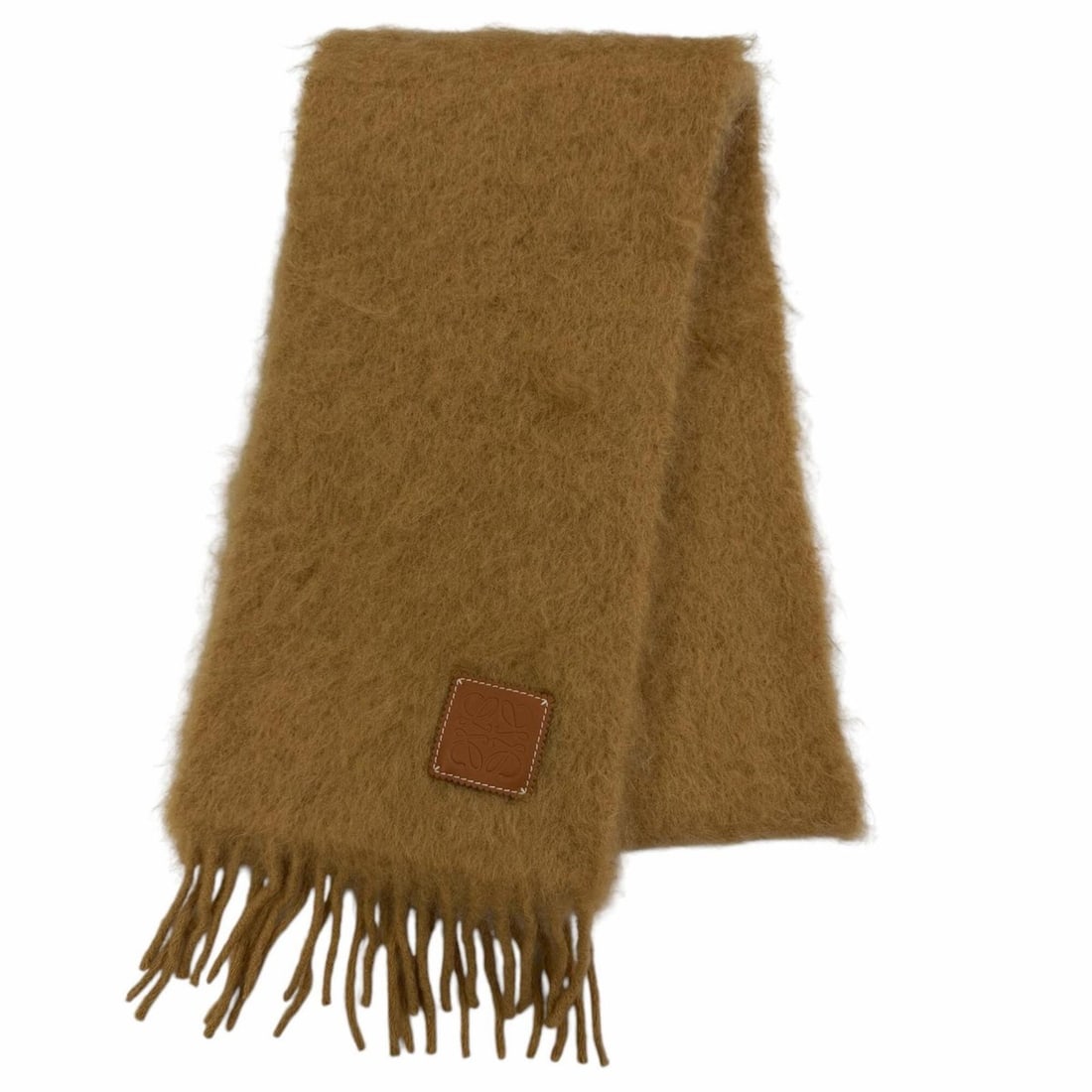 LOEWE Mohair Wool Anagram Leather Logo Patch Fringe Stole/Scarf, Brown, Made in Spain, Authentic,: --- Catalog ---Category: SizeSize (LxW): 1.8m x 22cm / 70.86'' x 8.66''Category: DesignType: StoleColor: BrownGender: WomenMaterial: Mohair , Wool , Nylon Category: GeneralBrand: LoeweCountry of Origi