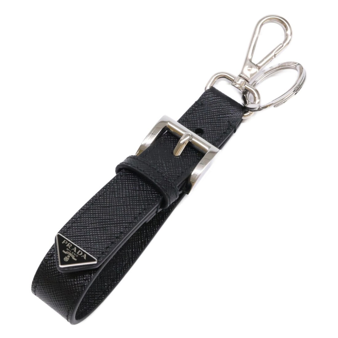 PRADA 2PP186 Saffiano Leather Keyring, Black/Silver, Men's: --- Catalog ---Category: SizeSize (HxWxD): 17.5cm x 2.2cm / 6.88'' x 0.86''Category: DesignType: KeyringColor: Black, SilverGender: MenMaterial: LeatherLeather/Fur Type: Saffiano leatherCategory: Gene