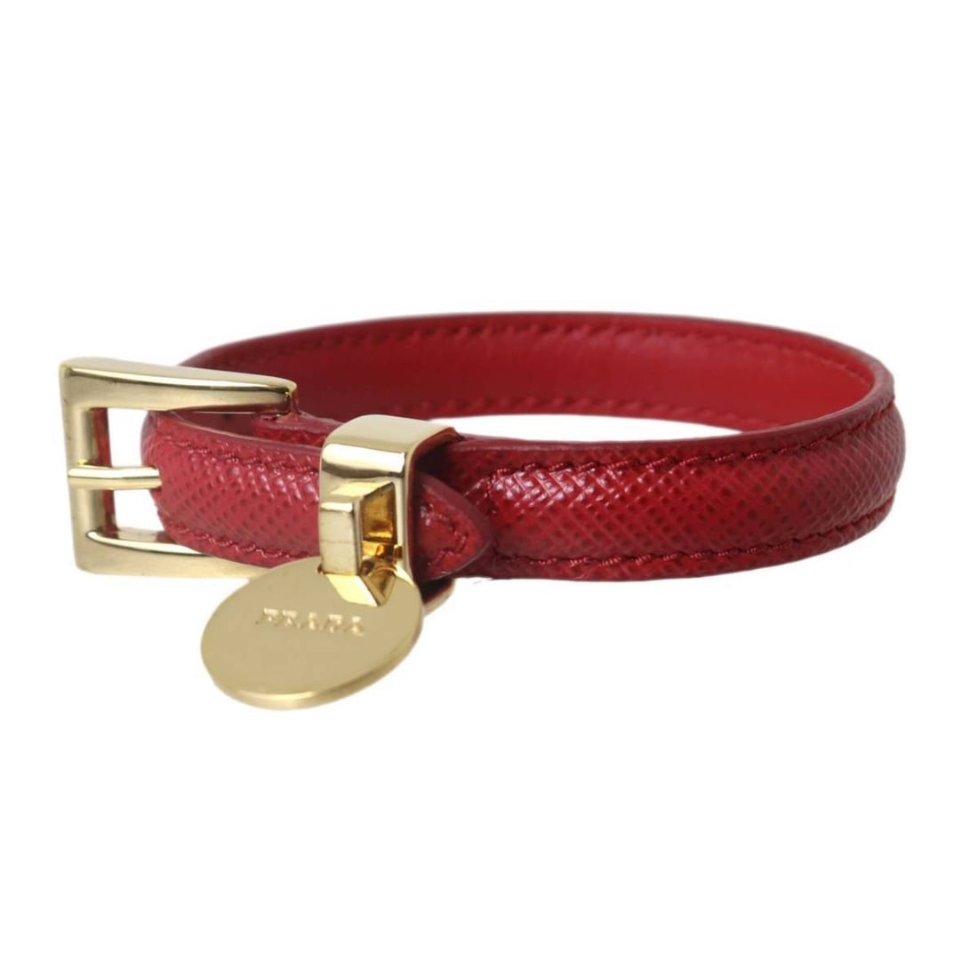 PRADA leather bracelet, red and gold.: --- Catalog ---Category: SizeWidth: 1cm / 0.39''Total Length: 20.5cm / 8.07''Category: DesignType: Charm braceletColor: Gold, Red colorGender: WomenMaterial: LeatherCategory: GeneralBrand: Prada--- It