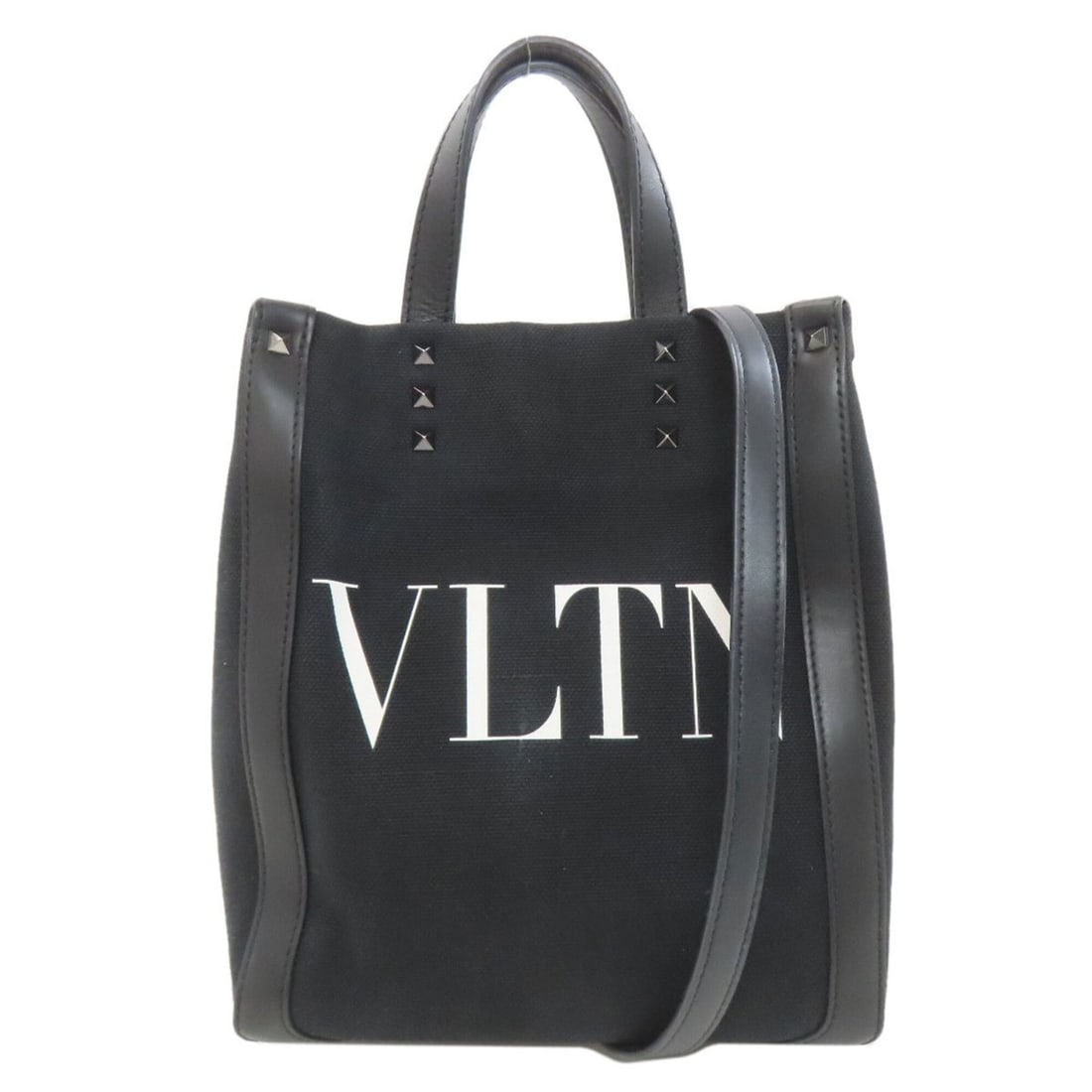 Valentino Studded 2-Way Handbag, Canvas, Women's VALENTINO: --- Catalog ---Category: SizeSize (HxWxD): 25cm x 21cm x 8cm / 9.84'' x 8.26'' x 3.14''Strap Length: 100cm - 110cm / 39.36'' - 43.3''Handle Length: 19cm / 7.48''Category: DesignType: HandbagColor: Bla