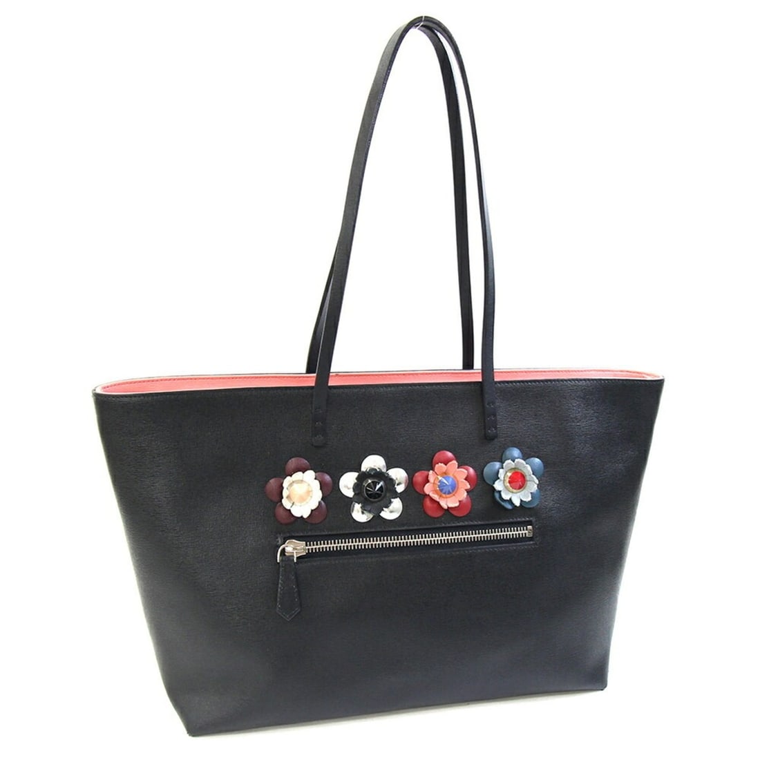 Fendi Roll Medium Tote Bag 8BH185 Black Pink Leather Shoulder with Flower Design for Women FENDI: --- Catalog ---Category: SizeSize (HxWxD): 27cm x 47cm x 14cm / 10.62'' x 18.5'' x 5.51''Handle Length: 55cm / 21.65''Category: DesignType: Tote bagColor: Black, PinkGender: WomenMaterial: Leather Cat