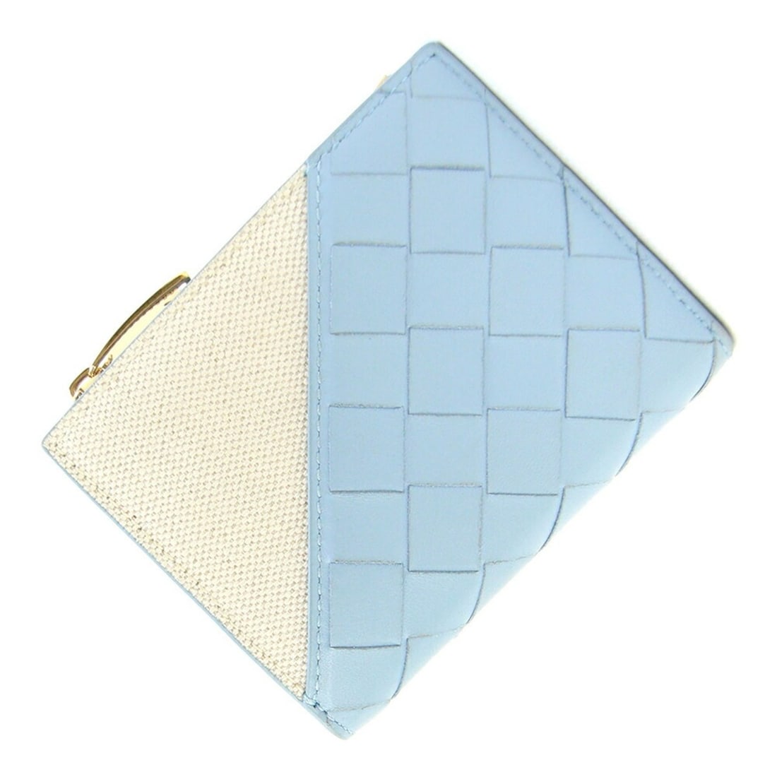Bottega Veneta Bi-fold Wallet, Intrecciato Diagonal, 789077, Light Blue, Natural Leather & Canvas,: --- Catalog ---Category: SizeSize (HxWxD): 9cm x 11.5cm x 1.5cm / 3.54'' x 4.52'' x 0.59''Category: DesignType: Wallet (bi-fold)Color: Light blueGender: WomenMaterial: Leather , Canvas Category: Gener