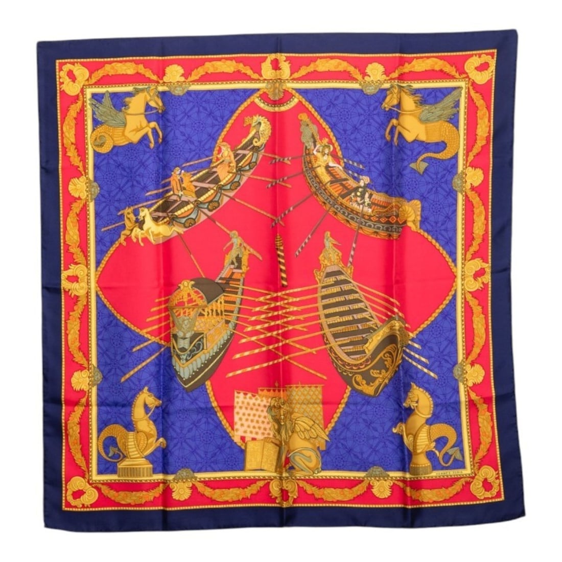 Hermes Carre 90 LES BISSONE DE VENISE (Venice Boat Festival) Scarf/Muffler, Red/Blue, Silk, Women's: --- Catalog ---Category: SizeSize (LxW): 89cm x 88cm / 35.03'' x 34.64''Category: DesignType: ScarfColor: Blue, Red colorGender: WomenMaterial: Silk Category: GeneralBrand: Hermes--- Item List ---Sect