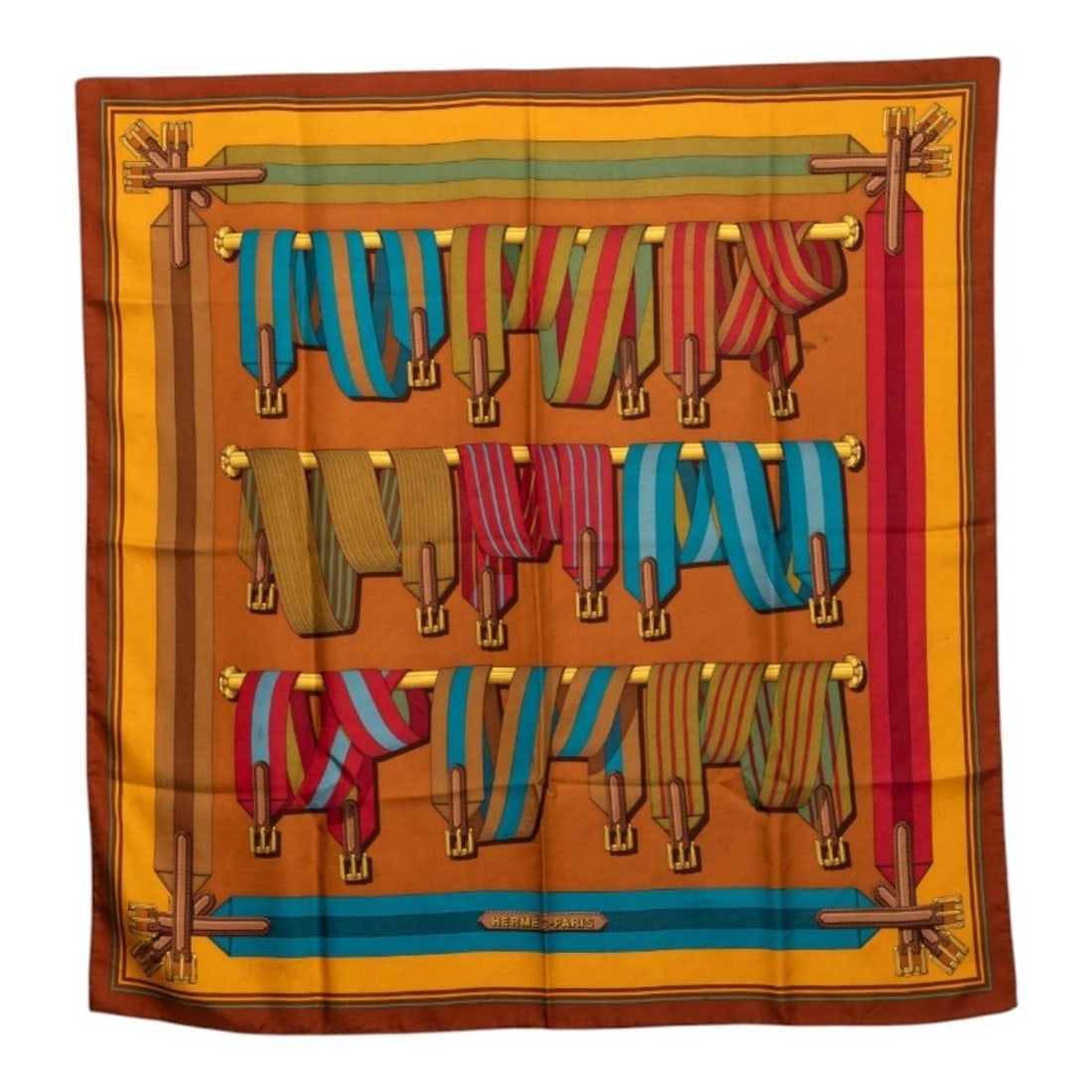Hermes Carre 90 Les Sangles scarf muffler, brown silk, women's.: --- Catalog ---Category: SizeSize (LxW): 88cm x 86.5cm / 34.64'' x 34.05''Category: DesignType: ScarfColor: BrownGender: WomenMaterial: Silk Category: GeneralBrand: Hermes--- Item List ---Section: Con