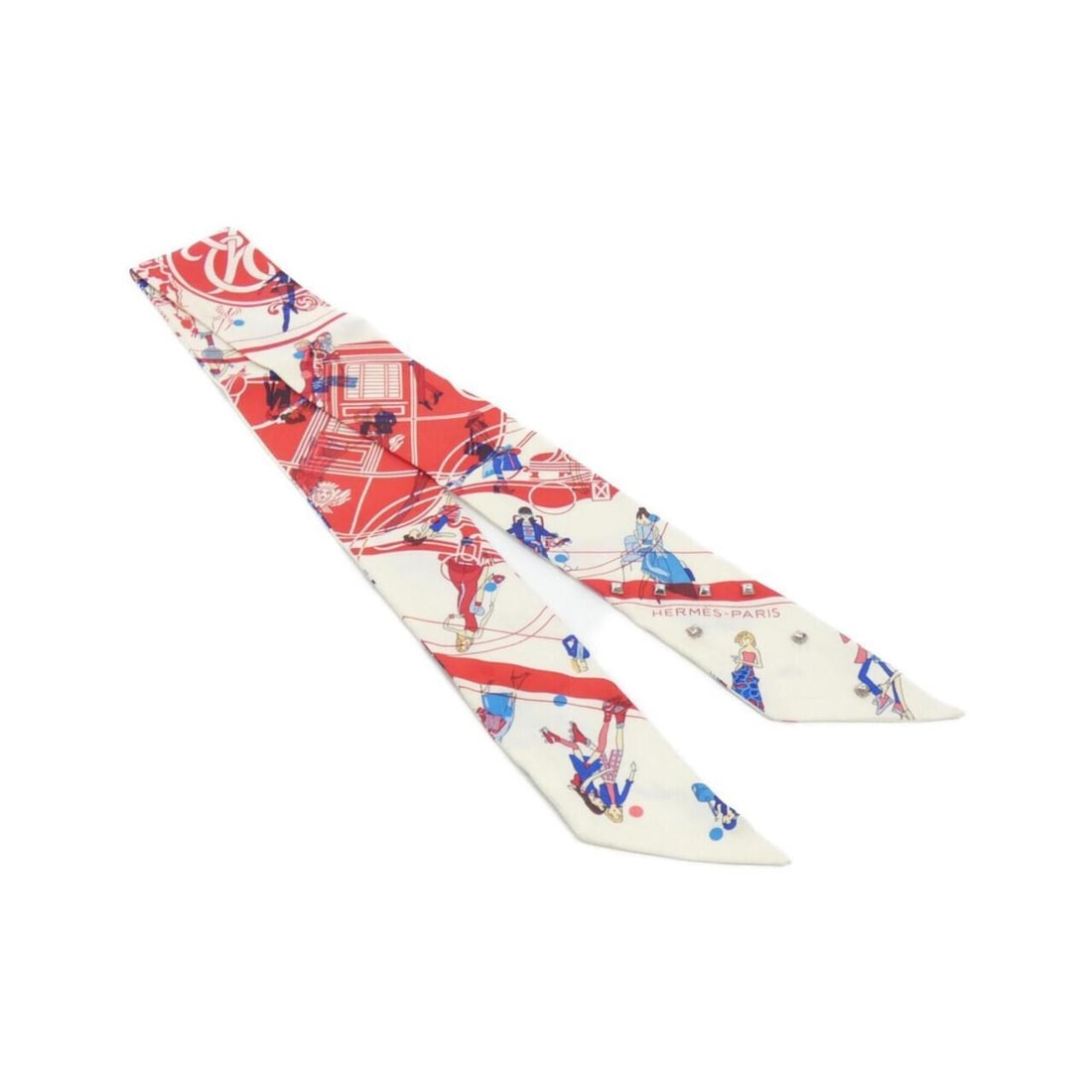 Hermes EX-LIBRIS LES PARISIENNE Twilly Cloute 853416S Scarf Muffler: --- Catalog ---Category: SizeSize (LxW): 5cm x 86cm / 1.96'' x 33.85''Category: DesignType: ScarfColor: Blue, Cream, Red color, WhiteGender: Women,MenMaterial: Silk Category: GeneralMPN: 853416SBrand: