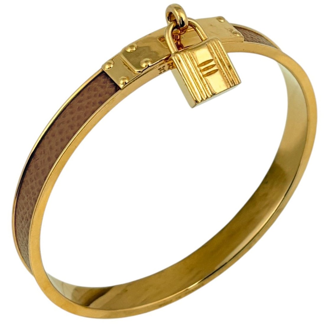 Hermes Kelly Bangle with Padlock, GP Leather, Gold Brown, Women's: --- Catalog ---Category: SizeWidth: 7mm / 0.27''Length: 19.5cm / 7.67''Category: DesignType: BangleColor: Gold brownFinish: Gold platedGender: WomenMaterial: LeatherCategory: GeneralLine: KellyBrand: 
