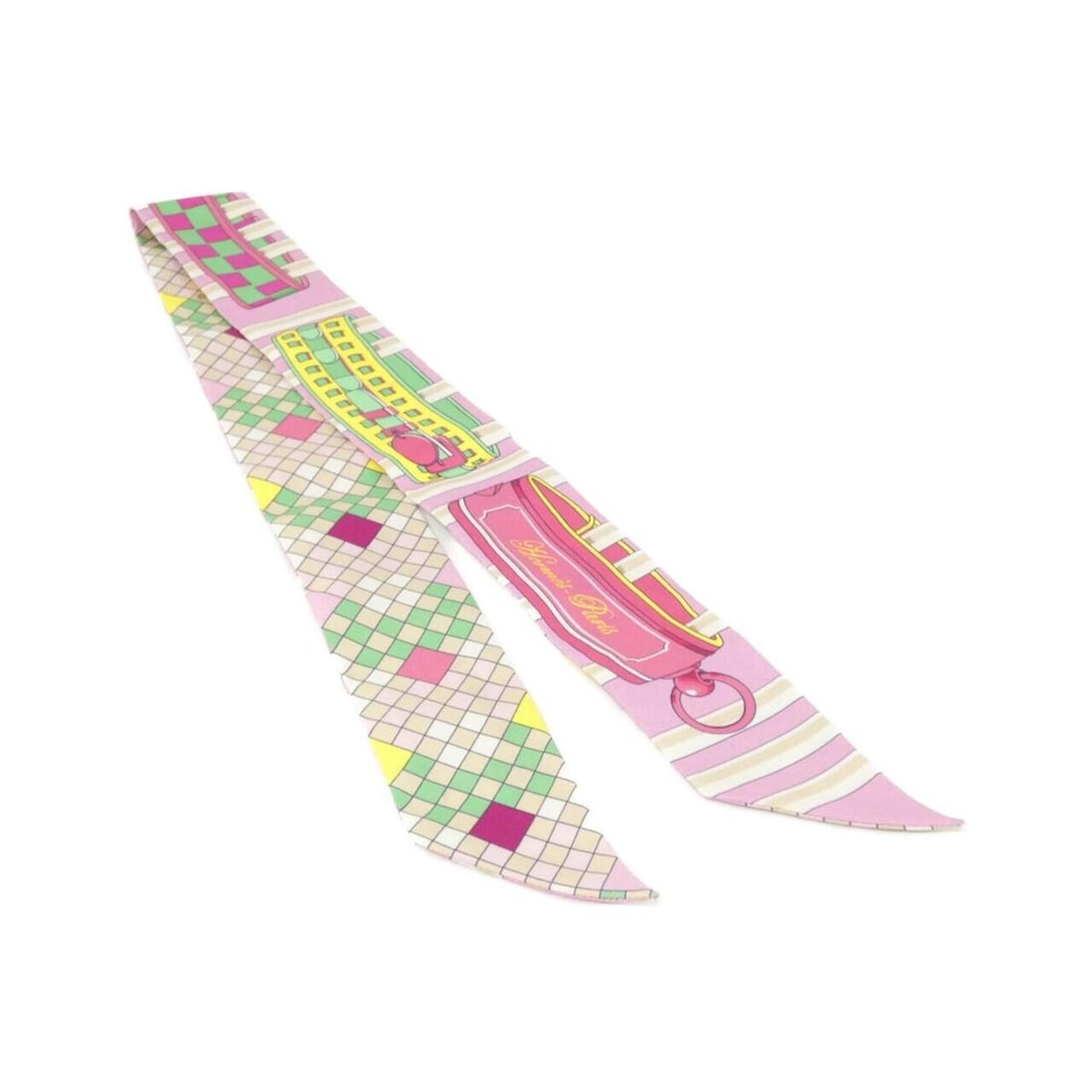 Hermes COLLIERS DE CHIENS REMIX Twilly 063154S Scarf Muffler: --- Catalog ---Category: SizeSize (LxW): 5cm x 86cm / 1.96'' x 33.85''Category: DesignType: ScarfColor: Green, Pink, White, YellowGender: Women,MenMaterial: Silk Category: GeneralMPN: 063154SBrand: He