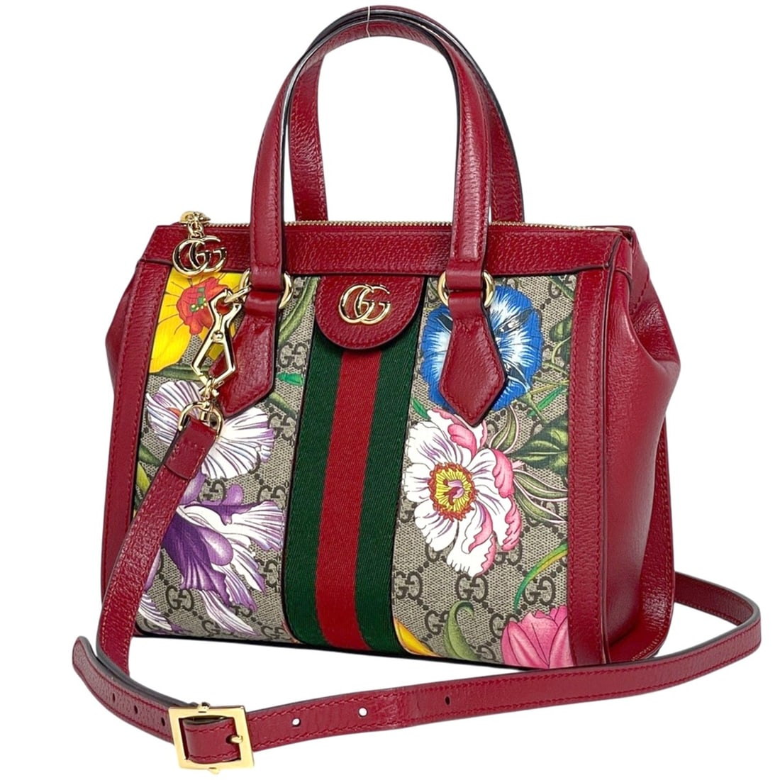 Gucci Ophidia GG Flora Small Tote Bag, 2-Way, Sherry Line Web Coated Canvas, Red/Beige, 547551,: --- Catalog ---Category: SizeSize (HxWxD): 20cm x 24cm x 10cm / 7.87'' x 9.44'' x 3.93''Category: DesignType: Tote bagColor: Beige, Red colorGender: WomenMaterial: Coated canvas , Leather Category: Ge