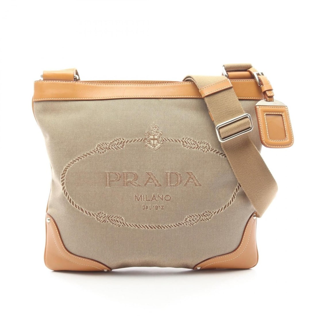 Prada LOGO JACQUARD Shoulder Bag/Handbag, Canvas and Leather, Women's, Beige/Brown (1 of 11)