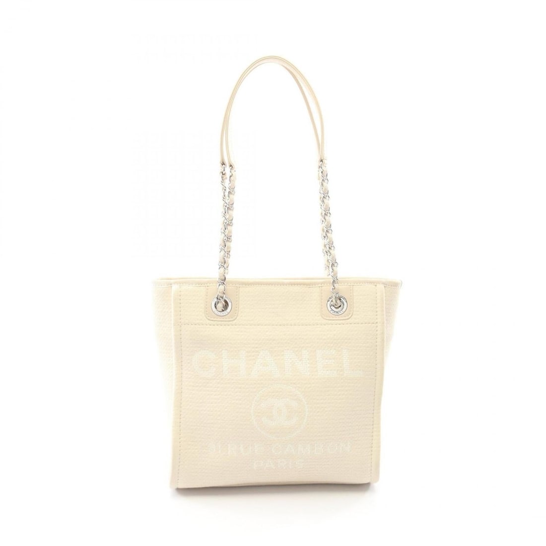 Chanel Deauville PM Tote Bag Handbag Canvas Leather Women's White A66939: --- Catalog ---Category: SizeSize (HxWxD): 26cm x 25cm x 10cm / 10.23'' x 9.84'' x 3.93''Category: DesignType: Handbag, Tote bagColor: WhiteGender: WomenMaterial: Canvas , Leather Hardware Color: Silv