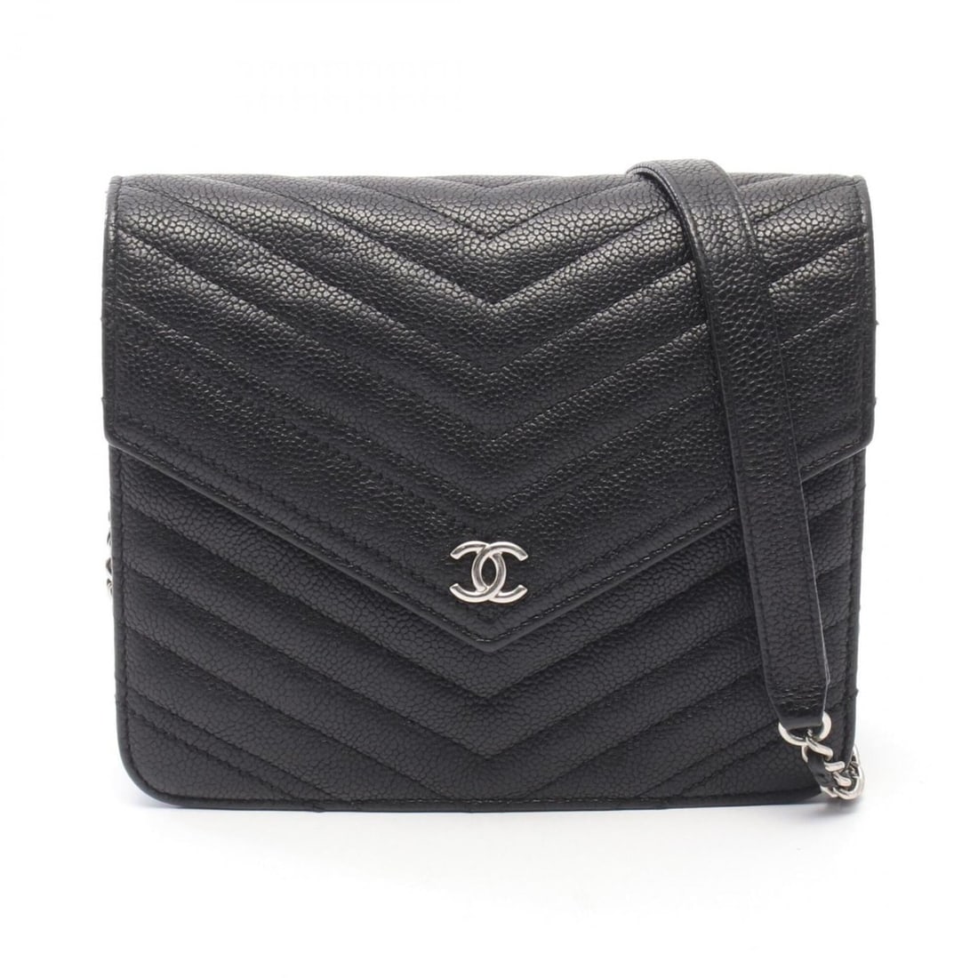 Chanel Chevron V-stitch Shoulder Bag/Handbag, Caviar Leather (Grained Calfskin), Women's, Black,: --- Catalog ---Category: SizeSize (HxWxD): 15cm x 17cm x 2cm / 5.9'' x 6.69'' x 0.78''Category: DesignType: Handbag, Shoulder bagColor: BlackGender: WomenMaterial: Grained Calfskin Hardware Color: Sil