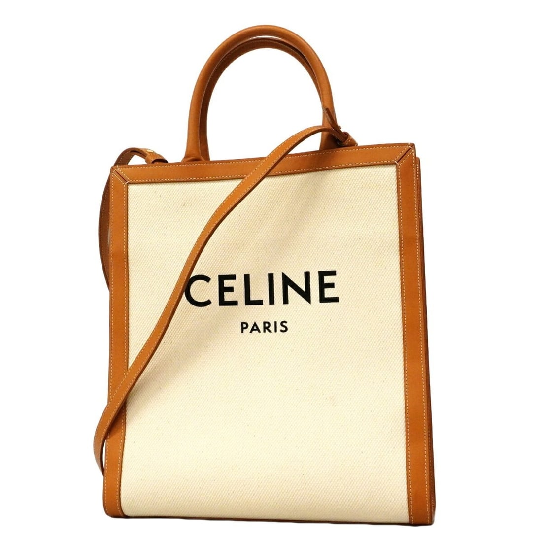 Celine Vertical Cabas Tote Bag, Canvas and Leather, White Brown, 2-way bag for women: --- Catalog ---Category: SizeSize (HxWxD): 32.5cm x 28.5cm x 8cm / 12.79'' x 11.22'' x 3.14''Category: DesignType: Tote bagColor: Brown, WhiteGender: WomenMaterial: Canvas , Leather Hardware Color: Go