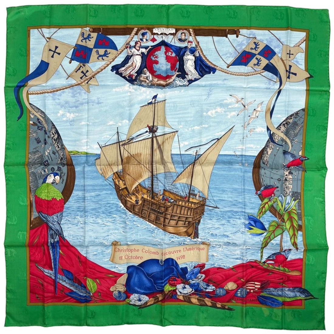 Hermes Carre 90 Christophe Columbus dcouvre l'Amrique 12 Octobre 1492 Christopher Scarf Muffler Silk: --- Catalog ---Category: SizeSize (LxW): 90.5cm x 89cm / 35.62'' x 35.03''Category: DesignType: ScarfColor: Green, Multi-colorGender: WomenMaterial: Silk 100%Category: GeneralBrand: Hermes--- Item Lis