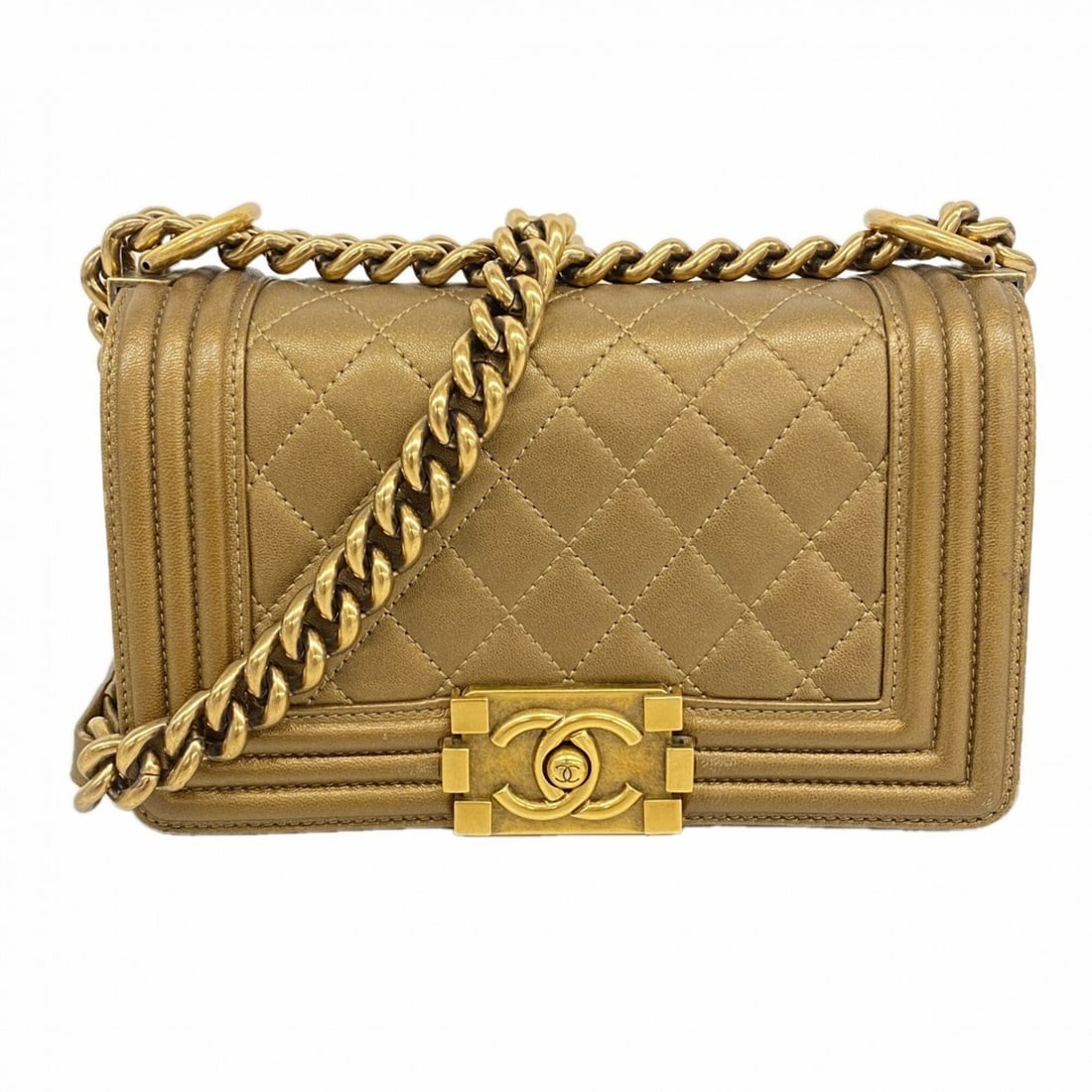 Chanel Boy Chain Shoulder Bag, Lambskin, Brown Gold, Women's OP007670: --- Catalog ---Category: SizeSize (HxWxD): 12.5cm x 20cm x 7cm / 4.92'' x 7.87'' x 2.75''Category: DesignType: Shoulder bagColor: GoldGender: WomenMaterial: Leather Hardware Color: GoldLeather/Fur Typ