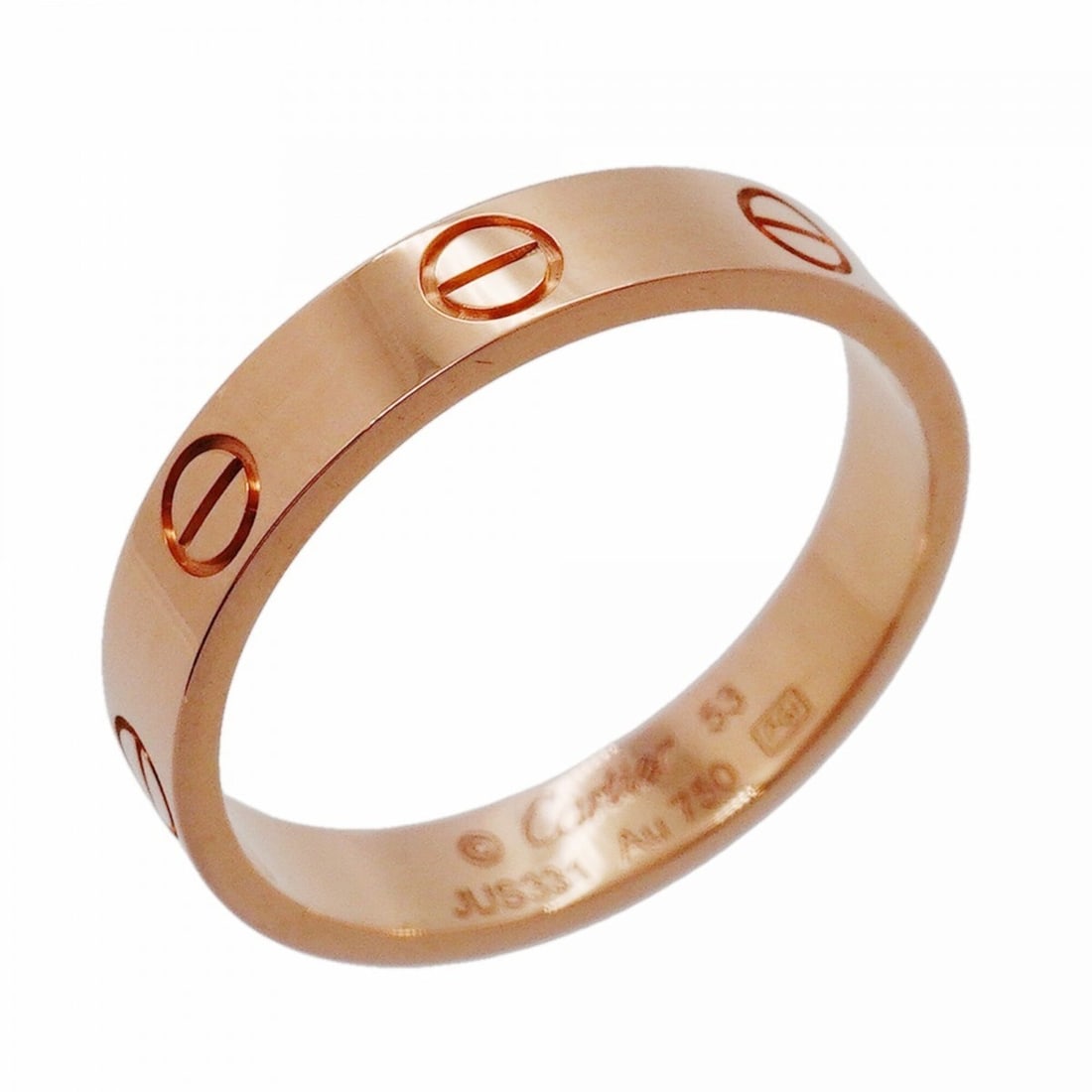 Cartier Mini Love Ring, 18K Pink Gold, Size 53, Ladies', OP004131: --- Catalog ---Category: SizeUS Size: 6.5Brand Size: 53Category: DesignType: Band ringGender: WomenMaterial: Pink gold (18K)Category: GeneralBrand: Cartier--- Item List ---Section: ConditionRanking: R