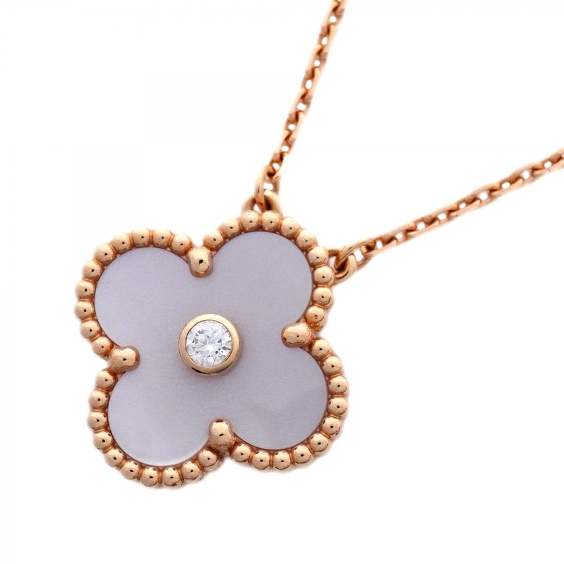 Van Cleef & Arpels Alhambra Necklace, 2025 Holiday Collection, 1PD (One Diamond), 18K Pink Gold,: --- Catalog ---Category: SizePendant Size: 15.4mm x 14.9mm / 0.6'' x 0.58''Neck Circumference: 37 cm - 41.5 cm / 14.56'' - 16.33''Category: DesignStone: Diamond, Mother of pearlGender: WomenMaterial: 