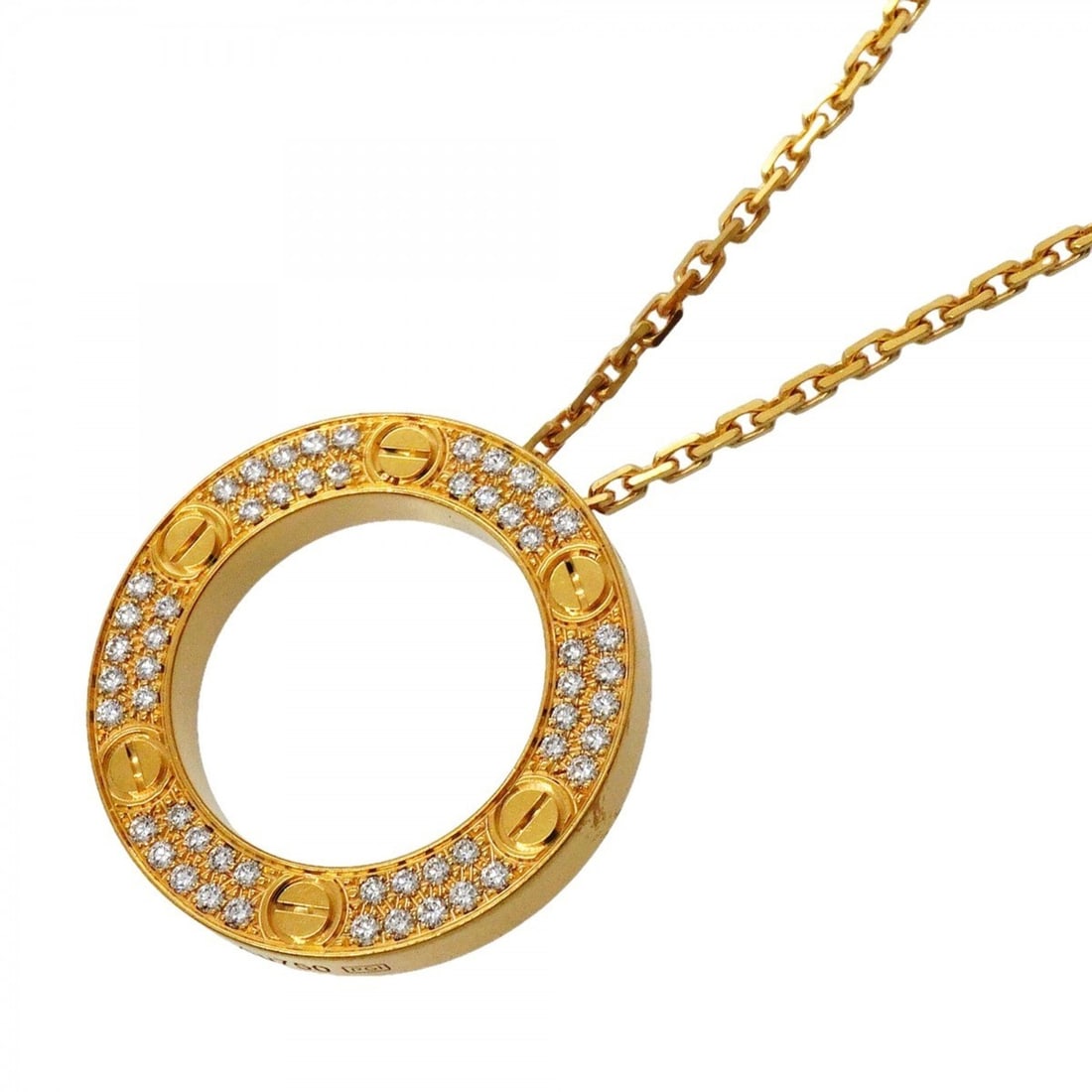 Cartier Love Circle Pavé Necklace, 18K Yellow Gold, Diamonds, Ladies' P3158111: --- Catalog ---Category: SizePendant Size: 23.5mm x 23.5mm / 0.92'' x 0.92''Neck Circumference: 42 cm / 16.53''Category: DesignStone: DiamondGender: WomenMaterial: Yellow gold (18K)Necklace Type: Neck