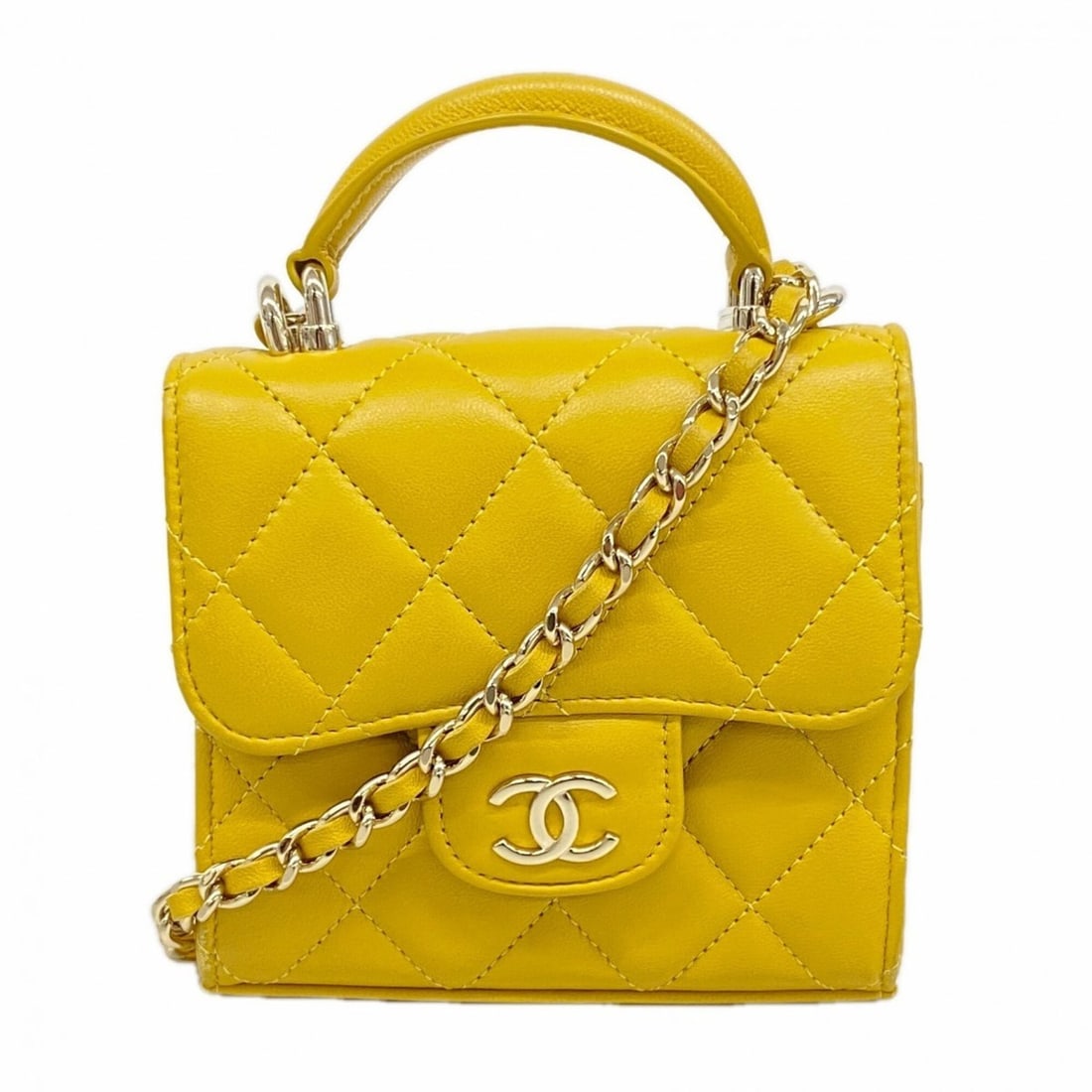 Chanel Mini Matelassé Chain Shoulder Handbag, Lambskin, Yellow Champagne, 2-way Bag for Women,: --- Catalog ---Category: SizeSize (HxWxD): 11cm x 11cm x 5cm / 4.33'' x 4.33'' x 1.96''Category: DesignType: HandbagColor: YellowGender: WomenMaterial: Leather Leather/Fur Type: LambskinCategory: Gene