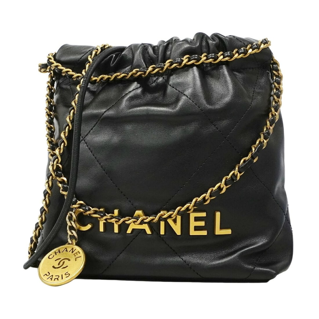 Chanel handbag, chain shoulder bag, 22 Mini, calfskin, black, 2-way bag for women (1 of 8)