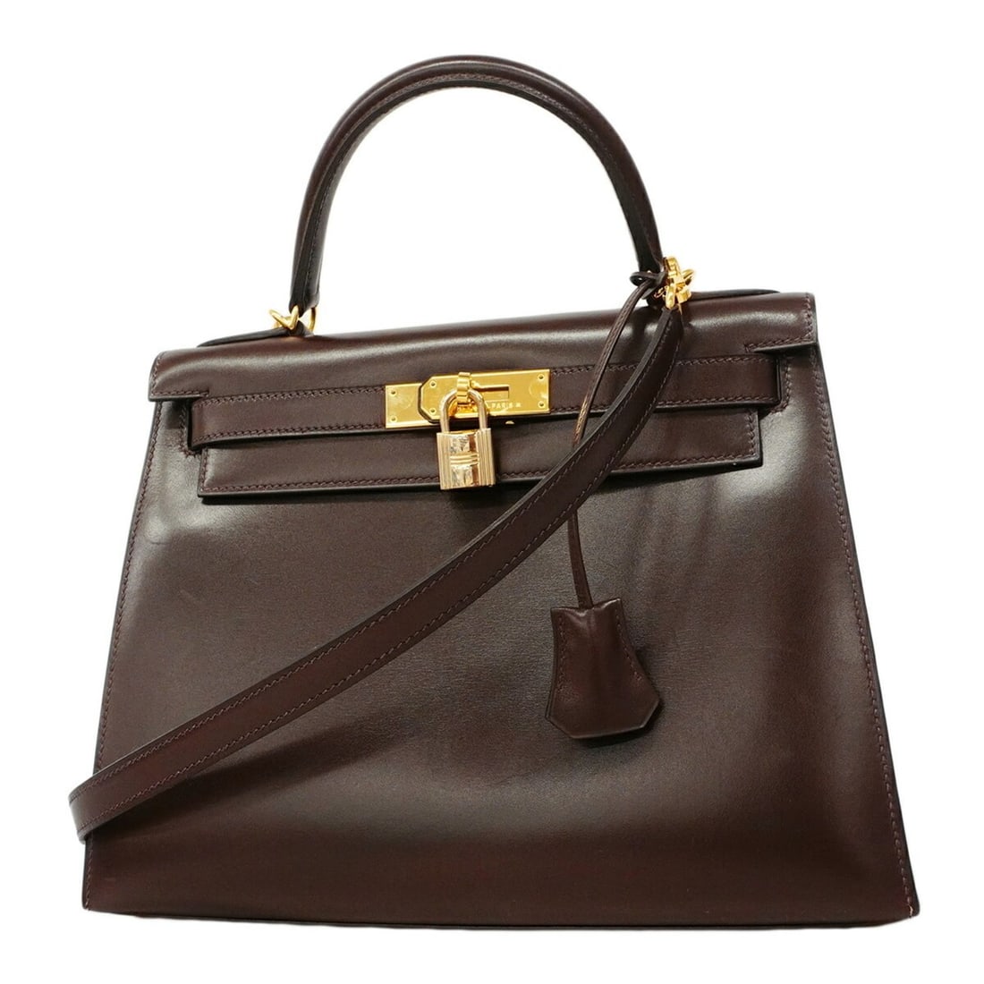 Hermes Kelly 28 Box Calf Havana Handbag (?E stamp) 2-way bag for women: --- Catalog ---Category: SizeSize (HxWxD): 22.5cm x 29cm x 11.5cm / 8.85'' x 11.41'' x 4.52''Category: DesignType: HandbagColor: HavaneGender: WomenMaterial: Box calf leather Hardware Color: GoldCateg