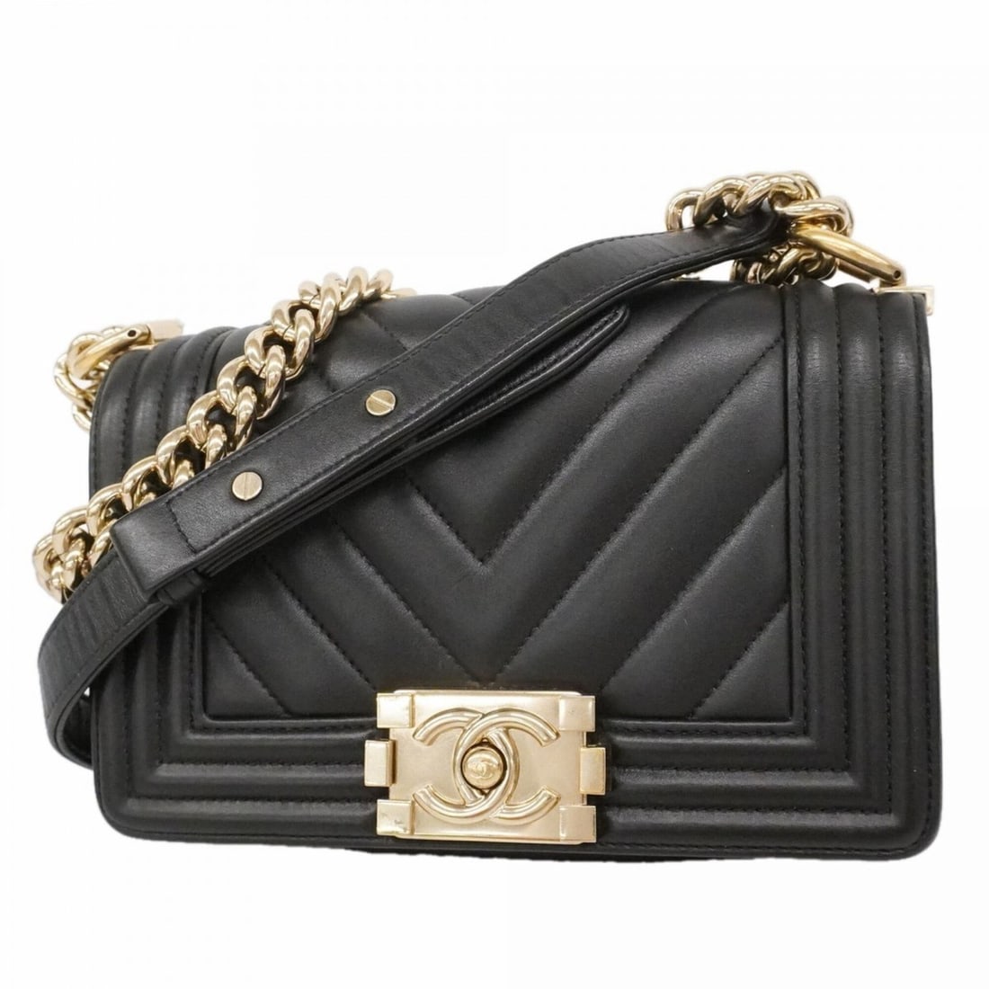 Chanel Boy Shoulder Bag, V-stitch Chain Lambskin, Black/Champagne, Women's: --- Catalog ---Category: SizeSize (HxWxD): 14cm x 20cm x 5cm / 5.51'' x 7.87'' x 1.96''Category: DesignType: Shoulder bagColor: BlackGender: WomenMaterial: Leather Hardware Color: Champagne goldLeathe
