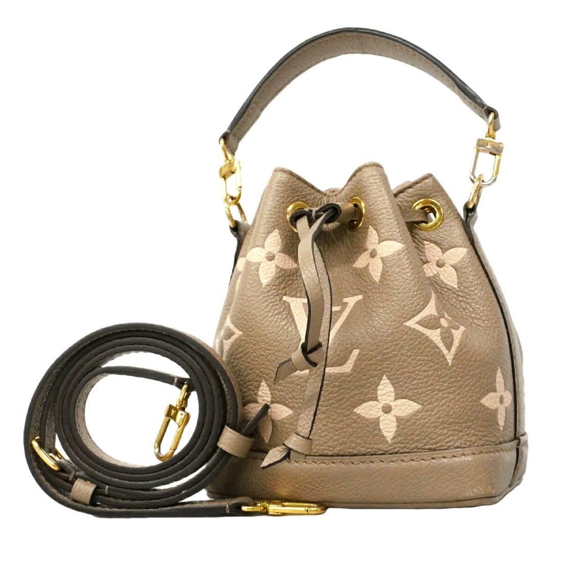 Louis Vuitton Monogram Empreinte Bicolor Nano Noe Handbag M46291 Tourtrell Crème 2-way bag for: --- Catalog ---Category: SizeSize (HxWxD): 15cm x 13cm x 10cm / 5.9'' x 5.11'' x 3.93''Category: DesignType: HandbagColor: Cream, TourterelleGender: WomenCategory: GeneralMPN: M46291Brand: Louis Vuitt
