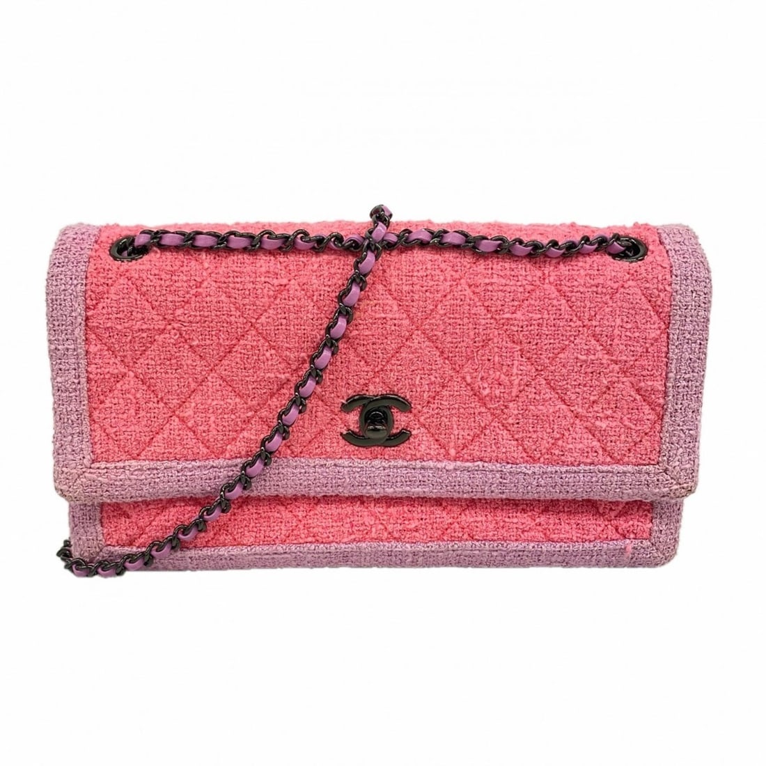 Chanel Matelassé Shoulder Bag with Double Chain, Tweed, Pink/Purple, Women's (1 of 9)