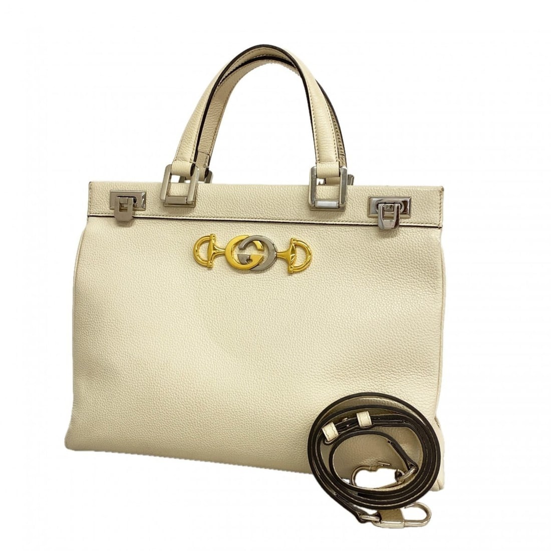 Gucci Zumi handbag 564712, leather, white and gold, 2-way bag for women.: --- Catalog ---Category: SizeSize (HxWxD): 26cm x 34cm x 12cm / 10.23'' x 13.38'' x 4.72''Category: DesignType: HandbagColor: WhiteGender: WomenMaterial: Leather Hardware Color: Gold, SilverCategory: 