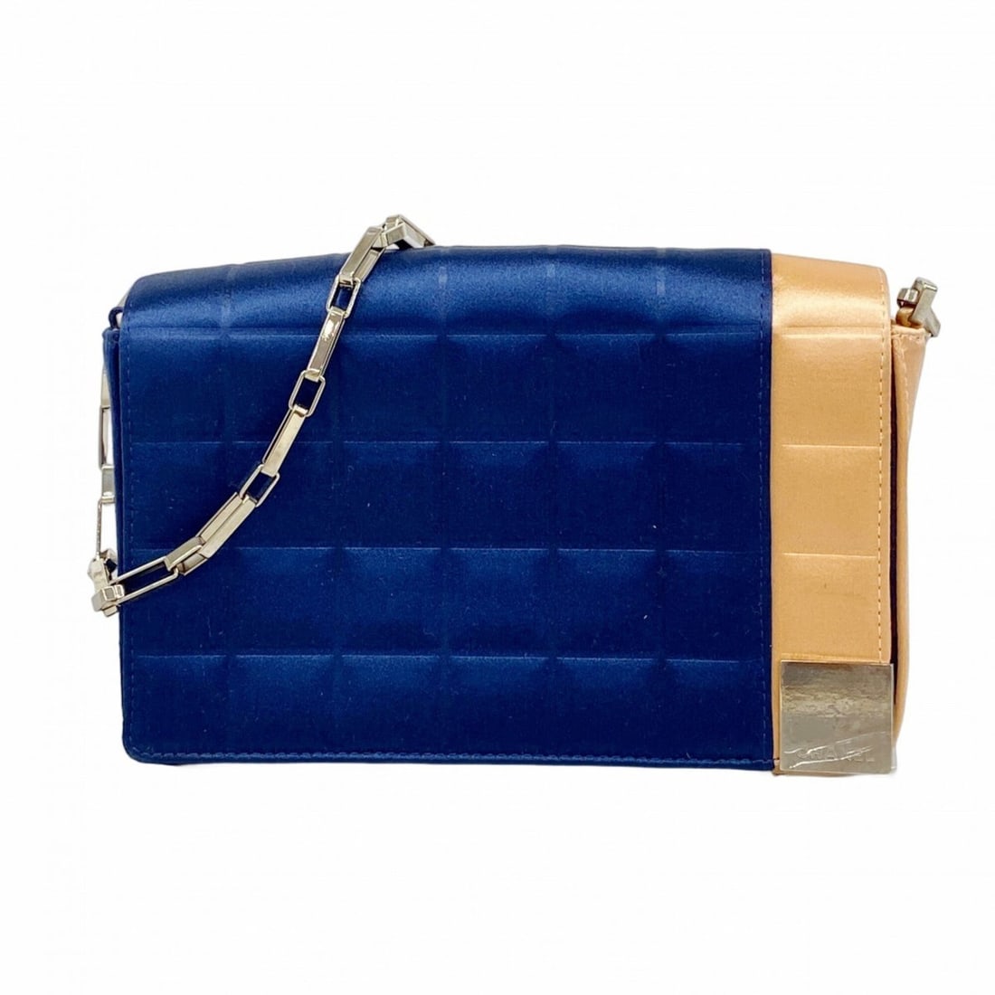Chanel Chocolate Bar Chain Shoulder Bag, Satin, Navy Orange, Women's: --- Catalog ---Category: SizeSize (HxWxD): 13cm x 19.5cm x 4.5cm / 5.11'' x 7.67'' x 1.77''Category: DesignType: Shoulder bagColor: Navy, OrangeGender: WomenMaterial: Satin Hardware Color: SilverCateg