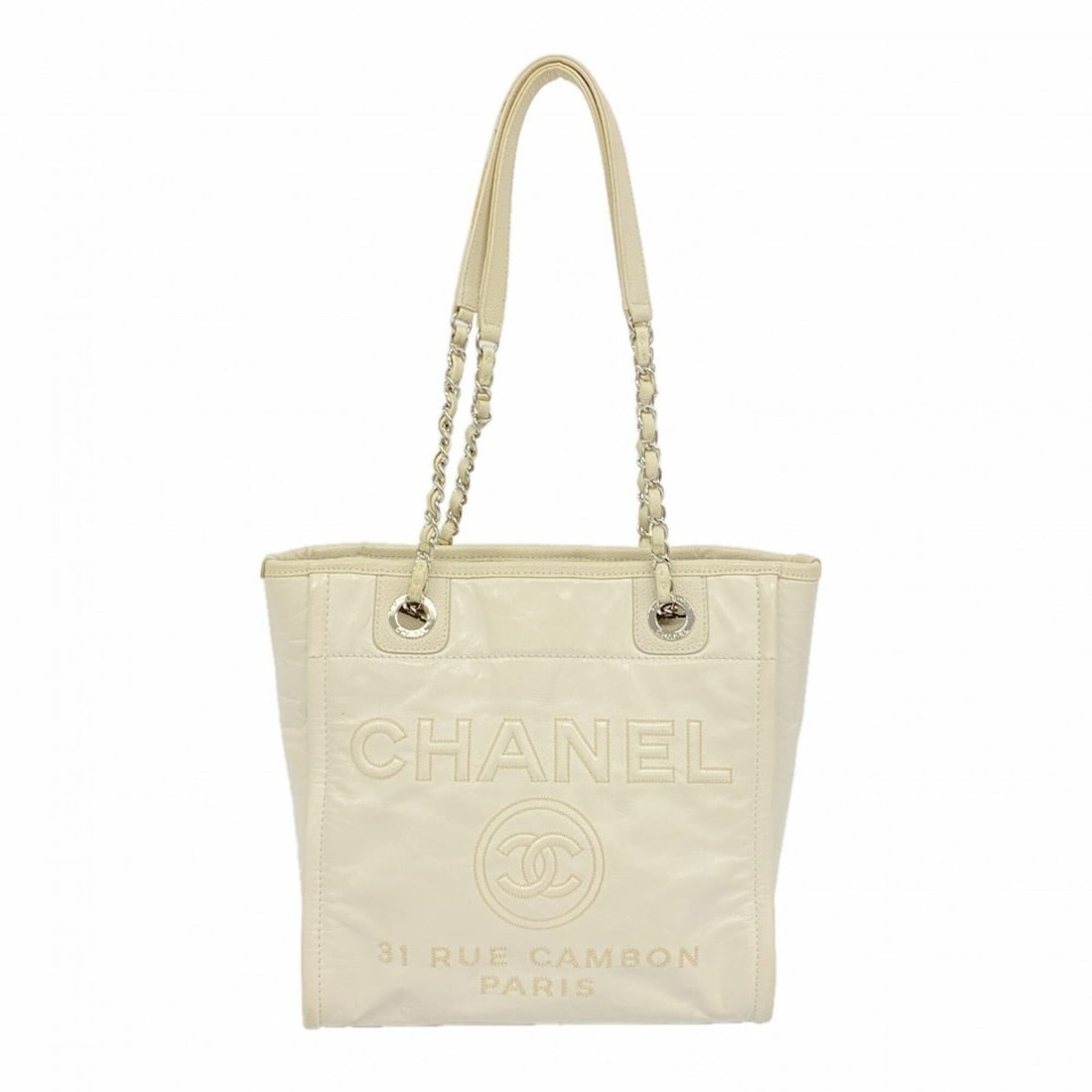Chanel Deauville Chain Tote Bag, Leather, Ivory, Women's: --- Catalog ---Category: SizeSize (HxWxD): 27cm x 25cm x 10cm / 10.62'' x 9.84'' x 3.93''Category: DesignType: Tote bagColor: IvoryGender: WomenMaterial: Leather Hardware Color: SilverCategory: Genera
