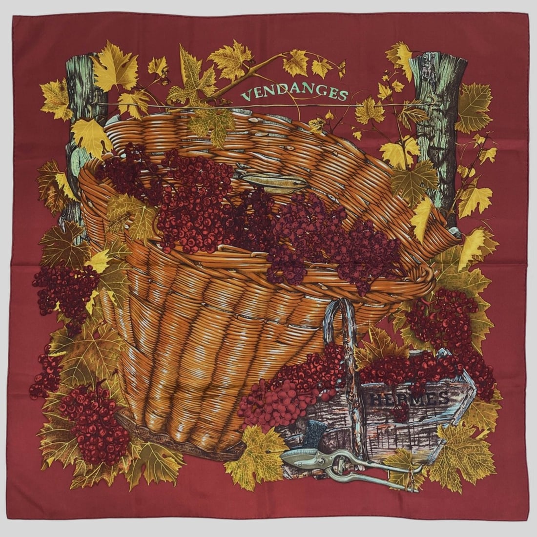 Hermes Carre 90 Vendanger Grape Harvest Scarf/Muffler, Silk, Bordeaux, Multicolor, Women's: --- Catalog ---Category: SizeSize (LxW): 89.5cm x 88cm / 35.23'' x 34.64''Category: DesignType: ScarfColor: Bordeaux, Multi-colorGender: WomenMaterial: Silk 100%Category: GeneralBrand: Hermes--- Item 