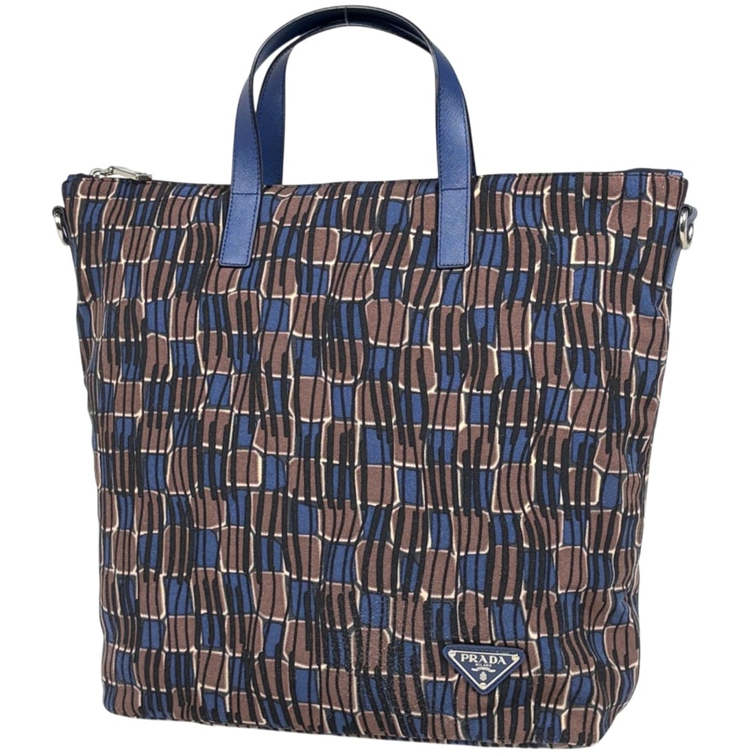 Prada PRADA Logo Plate Handbag 2-Way Fabric Brown Blue B2052A Women's: --- Catalog ---Category: SizeSize (HxWxD): 34cm x 32cm x 13.5cm / 13.38'' x 12.59'' x 5.31''Category: DesignType: HandbagColor: Blue, BrownGender: WomenMaterial: Fabric , Leather Category: GeneralBran