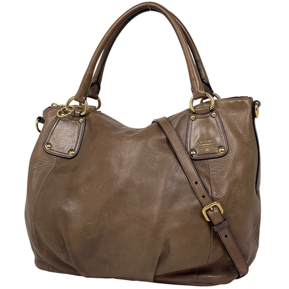 Prada PRADA Logo Handbag 2-Way Leather Brown Women's (1 of 9)