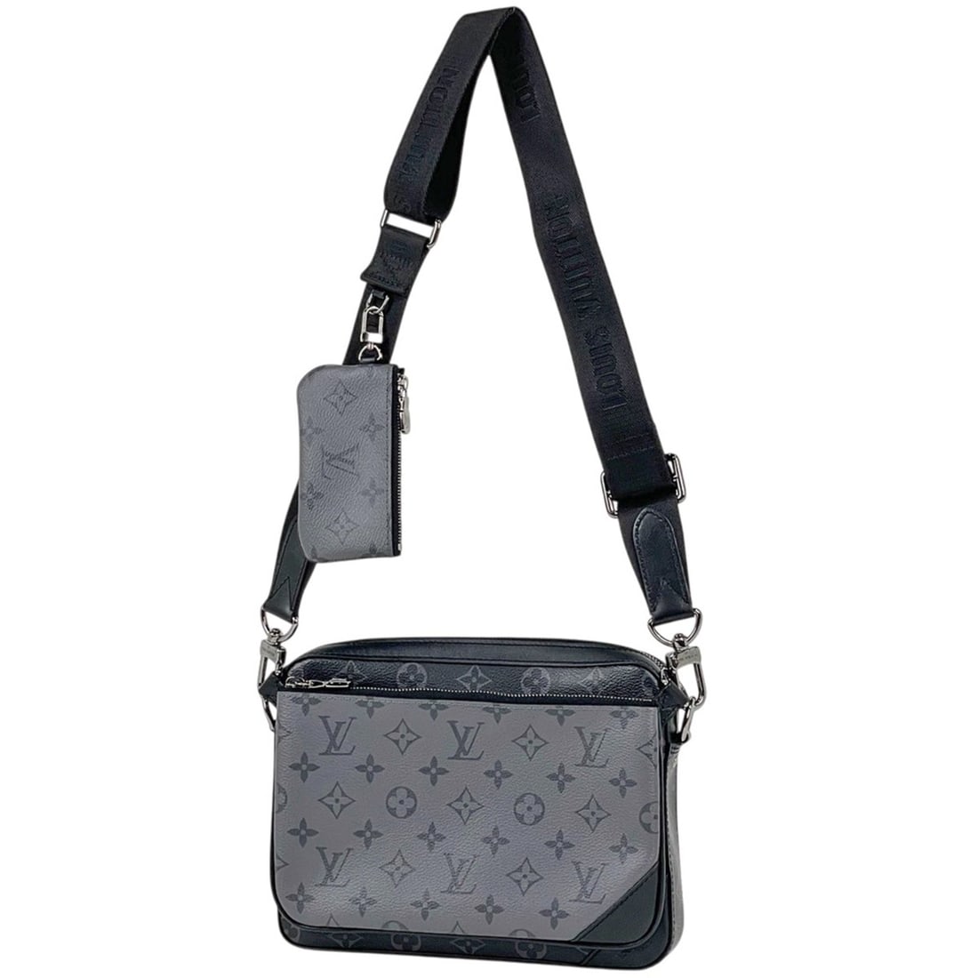 Louis Vuitton Trio Messenger Monogram Reverse Pouch Shoulder Bag Eclipse Noir (Black) Grey M69443: --- Catalog ---Category: SizeSize (HxWxD): 18cm x 24cm x 4.5cm / 7.08'' x 9.44'' x 1.77''Category: DesignType: Shoulder bagColor: Black, Gray, NoirGender: MenMaterial: Monogram Eclipse Category: Gener
