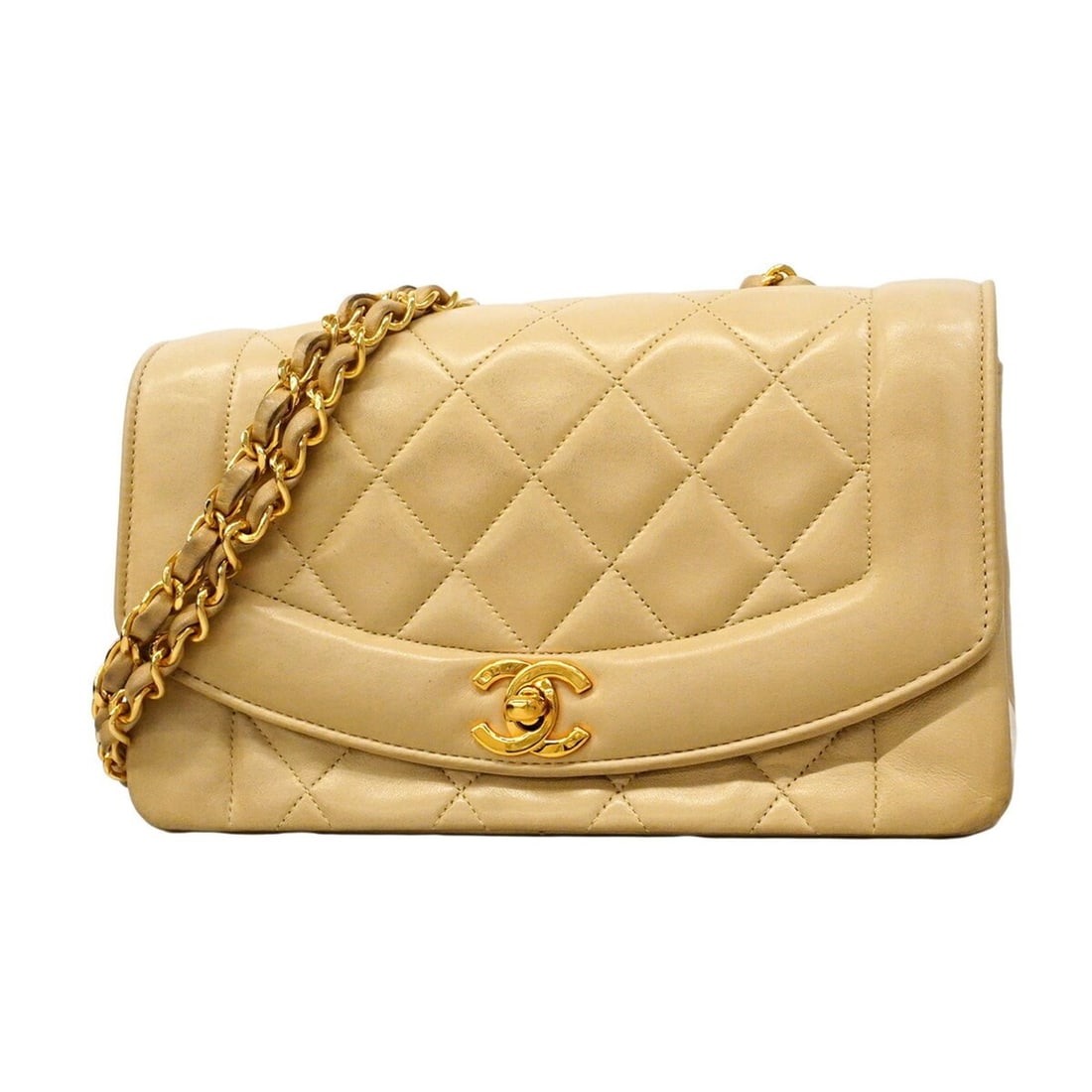 Chanel Diana Chain Shoulder Bag, Lambskin, Beige, Women's: --- Catalog ---Category: SizeSize (HxWxD): 14cm x 22cm x 7cm / 5.51'' x 8.66'' x 2.75''Category: DesignType: Shoulder bagColor: BeigeGender: WomenMaterial: Leather Hardware Color: GoldLeather/Fur Type