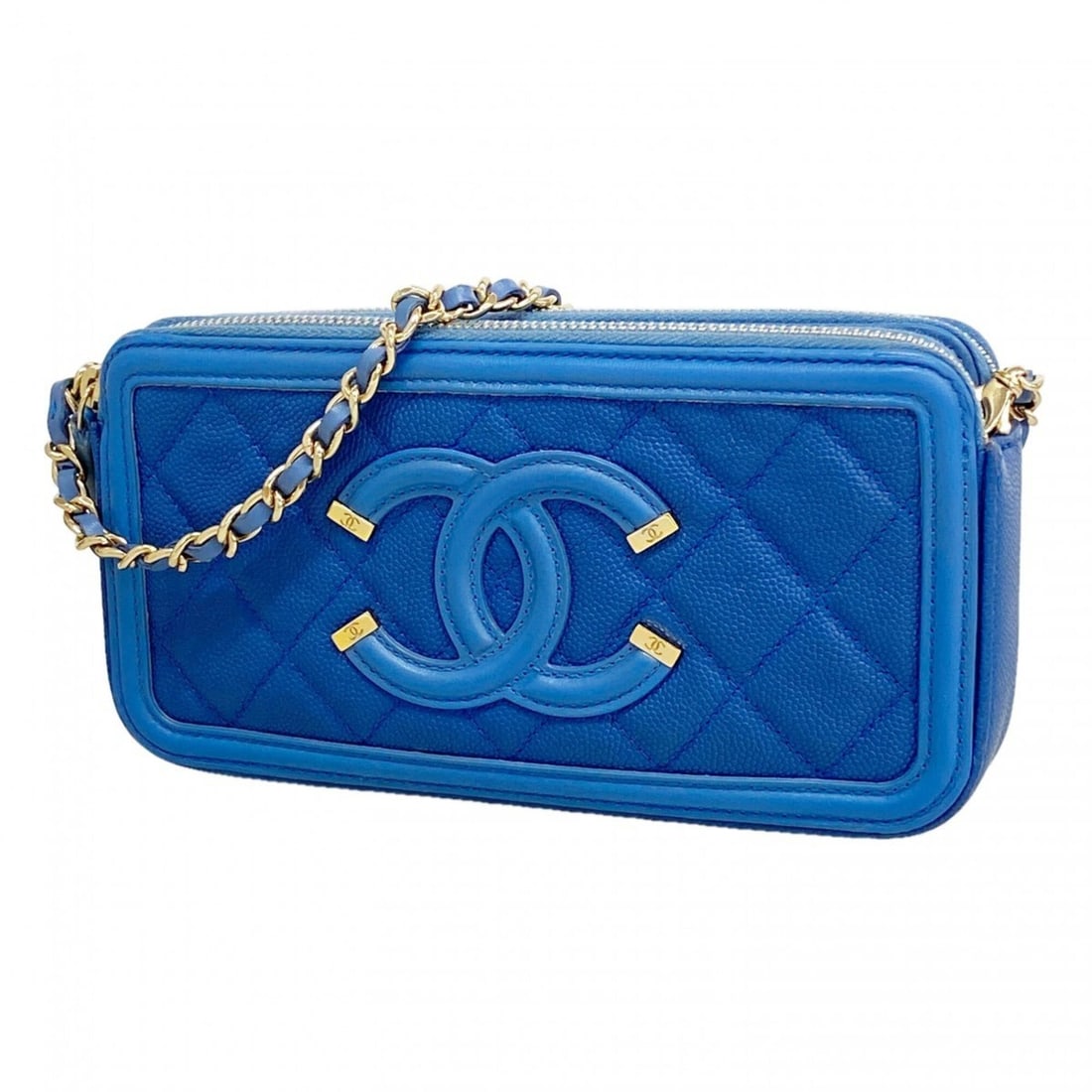 Chanel Pochette Chain Shoulder Bag CC Filigree Caviar Skin Blue Champagne Women's (1 of 11)
