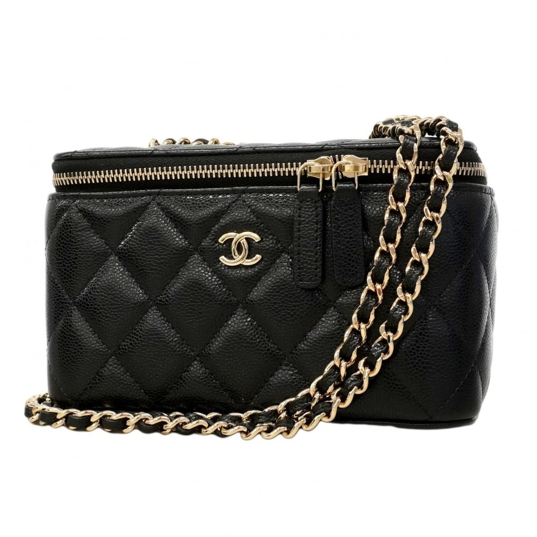 Chanel handbag/vanity bag, Matelassé chain shoulder caviar leather, black/champagne, women's. (1 of 7)