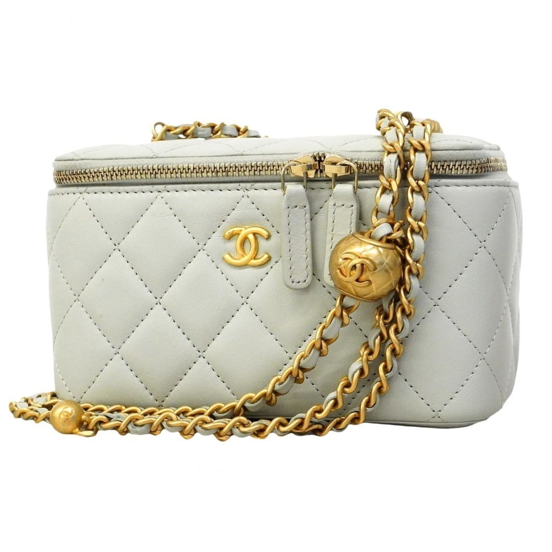 Chanel Matelassé Chain Shoulder Bag, Lambskin, Light Gray/Champagne, 2-way bag for women.: --- Catalog ---Category: SizeSize (HxWxD): 9.5cm x 16cm x 8cm / 3.74'' x 6.29'' x 3.14''Category: DesignType: Vanity bagColor: Light grayGender: WomenMaterial: Leather Hardware Color: Champagne goldLe
