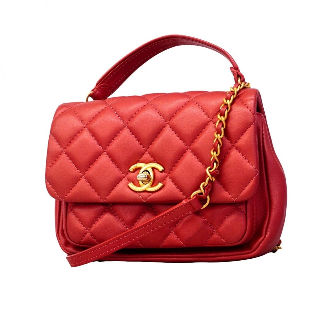 Chanel Matelassé Chain Shoulder Bag, Leather, Red/Champagne, 2-way Bag for Women: --- Catalog ---Category: SizeSize (HxWxD): 14cm x 17.5cm x 4cm / 5.51'' x 6.88'' x 1.57''Category: DesignType: HandbagColor: Red colorGender: WomenMaterial: Leather Hardware Color: Champagne goldCateg
