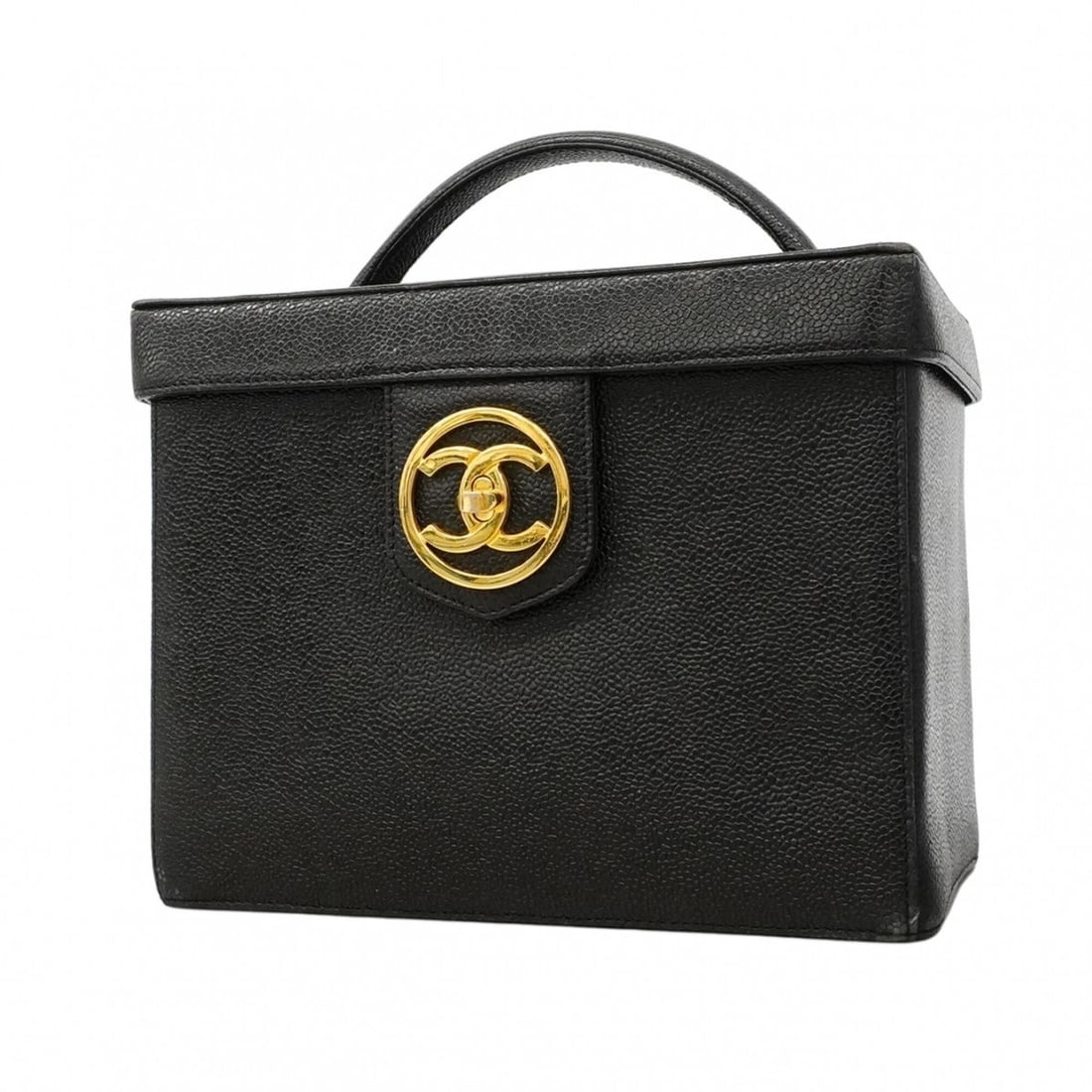 Chanel handbag/vanity bag, caviar leather, black, women's.: --- Catalog ---Category: SizeSize (HxWxD): 18cm x 22.5cm x 13.5cm / 7.08'' x 8.85'' x 5.31''Category: DesignType: Vanity bagColor: BlackGender: WomenMaterial: Grained Calfskin Hardware Color: GoldCate