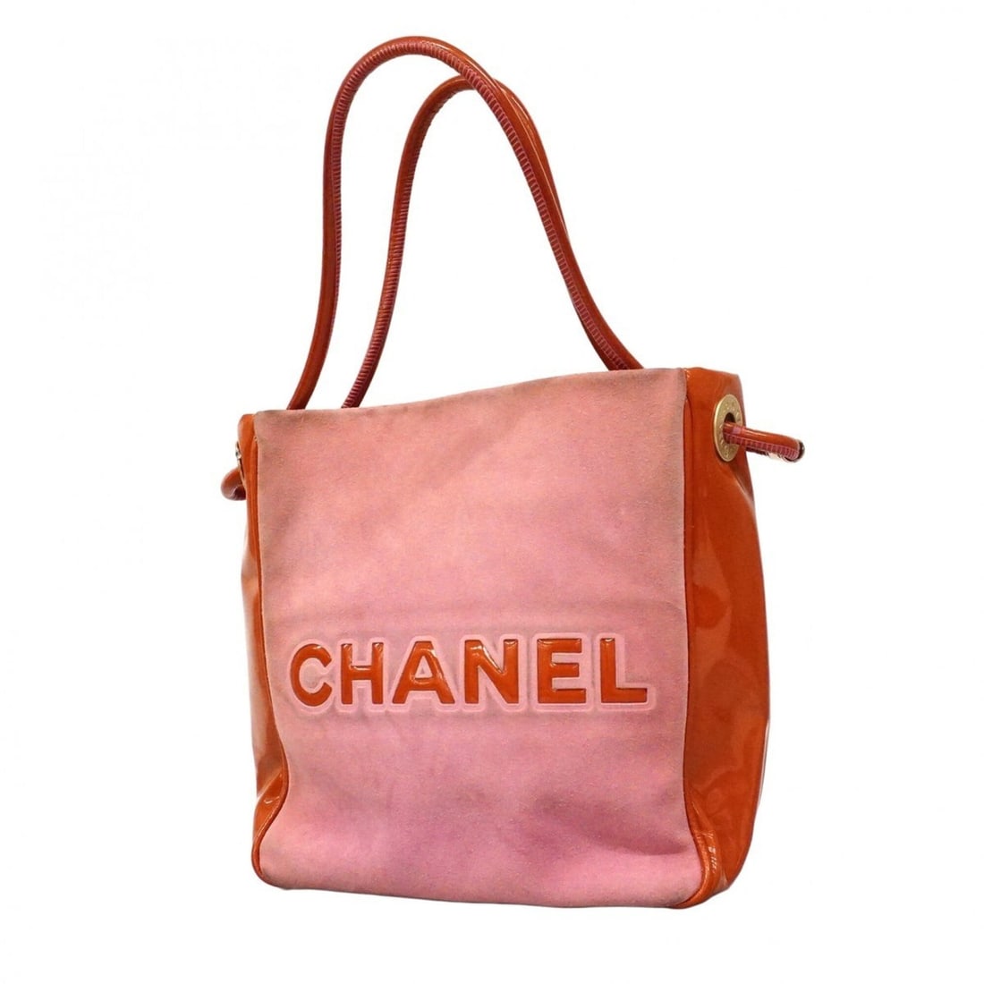 Chanel tote bag, Camellia design, suede and patent leather, pink, orange, champagne, women's.: --- Catalog ---Category: SizeSize (HxWxD): 27cm x 24.5cm x 12cm / 10.62'' x 9.64'' x 4.72''Category: DesignType: Tote bagColor: Orange, PinkGender: WomenMaterial: Suede , Patent leather Hardware Color